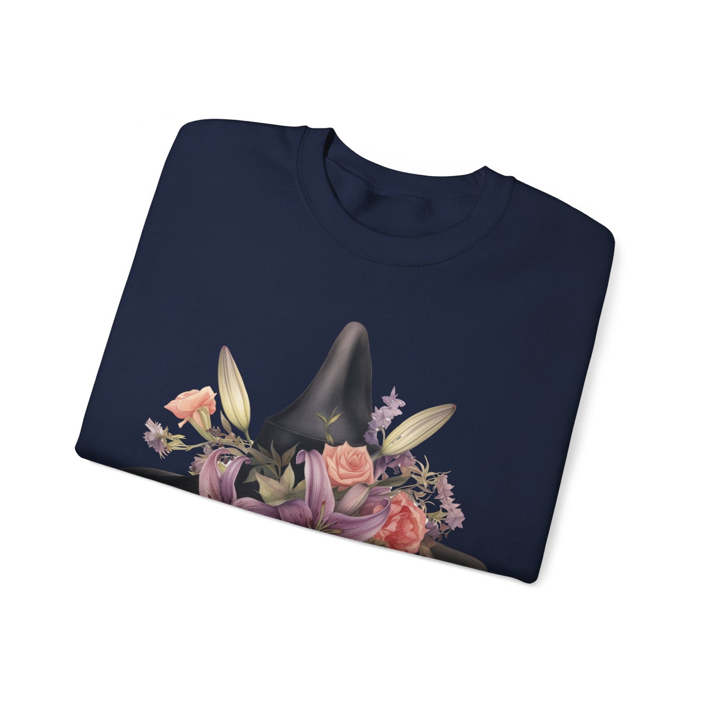 Elegant Witchy Blooms Sweatshirt with a watercolor illustration of a black witch hat and flowers in purple, pink, and green. Available in multiple dark and light colors and sizes. Gildan 18000 sweatshirt in Navy. ReadyShirtAim.com