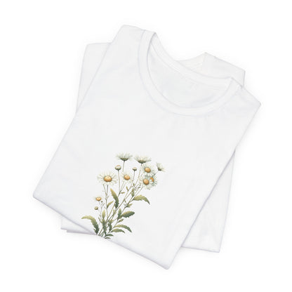 AA t-shirt featuring a beautiful daisy for April with the quote “You were made to bloom.” Perfect for April birthdays and floral art lovers. Comfortable and stylish for casual outings or celebrations. Bella+Canvas 3001 t-shirt in white. ReadyShirtAim.com