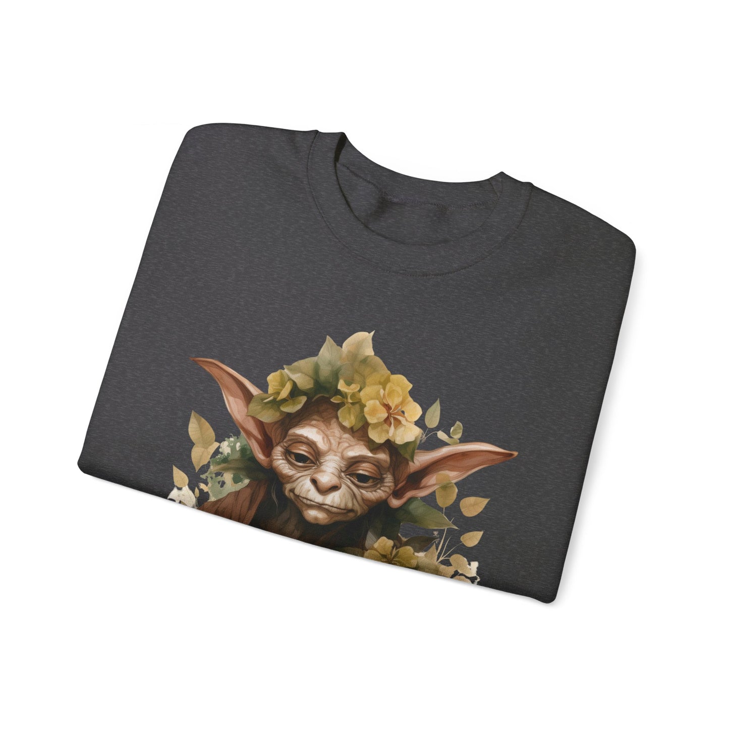 Mystical Goblin Boho Halloween Sweatshirt with a hand-drawn goblin illustration and boho-inspired design elements. Perfect for Halloween celebrations. Available in multiple dark and light colors and sizes. Gildan 18000 sweatshirt in Dark Grey Heather. ReadyShirtAim.com