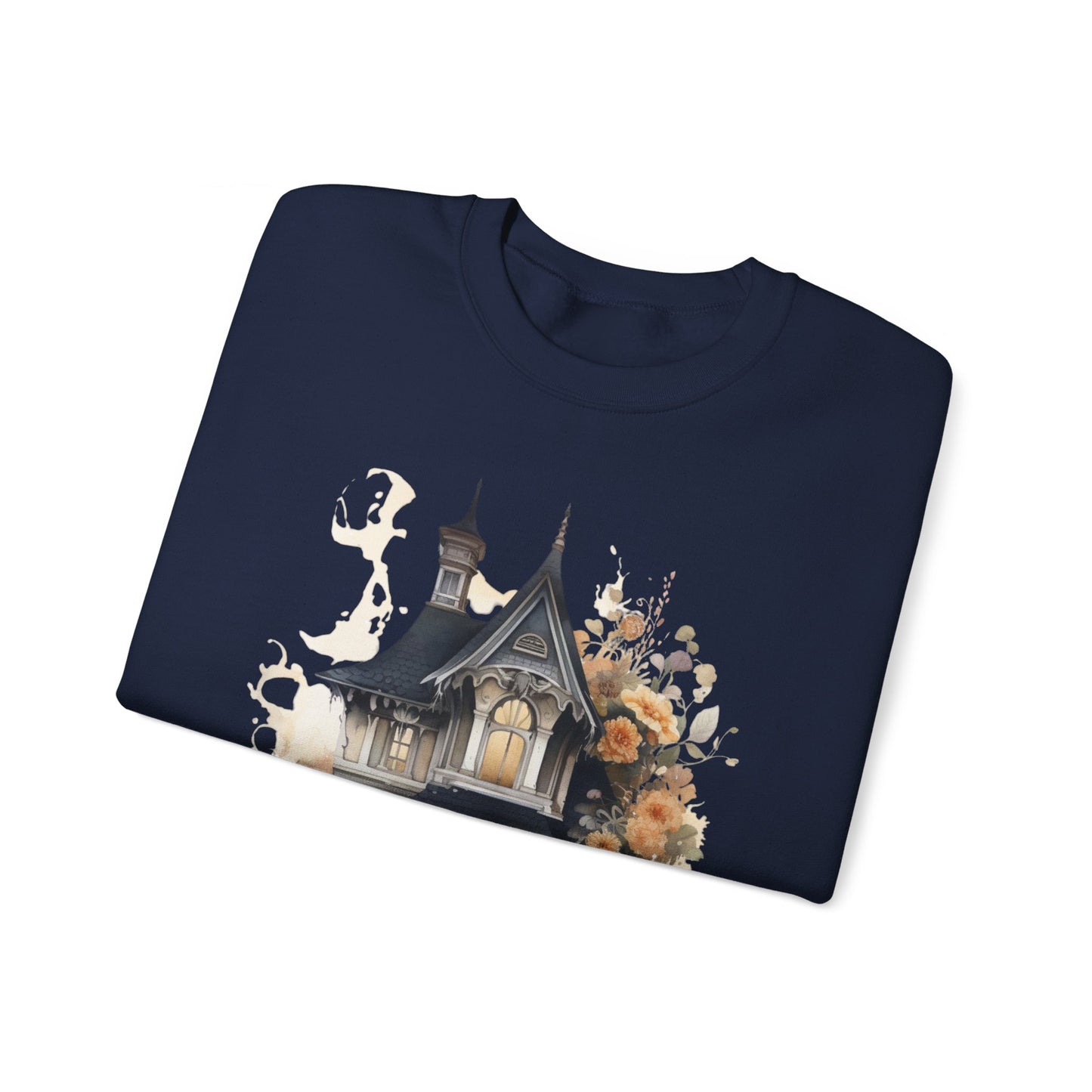 Halloween Boho Sweatshirt for Women featuring a haunted house illustration with boho design elements. Perfect for autumn festivities and casual wear. Available in multiple dark and light colors and sizes. Gildan 18000 sweatshirt in Navy. ReadyShirtAim.com