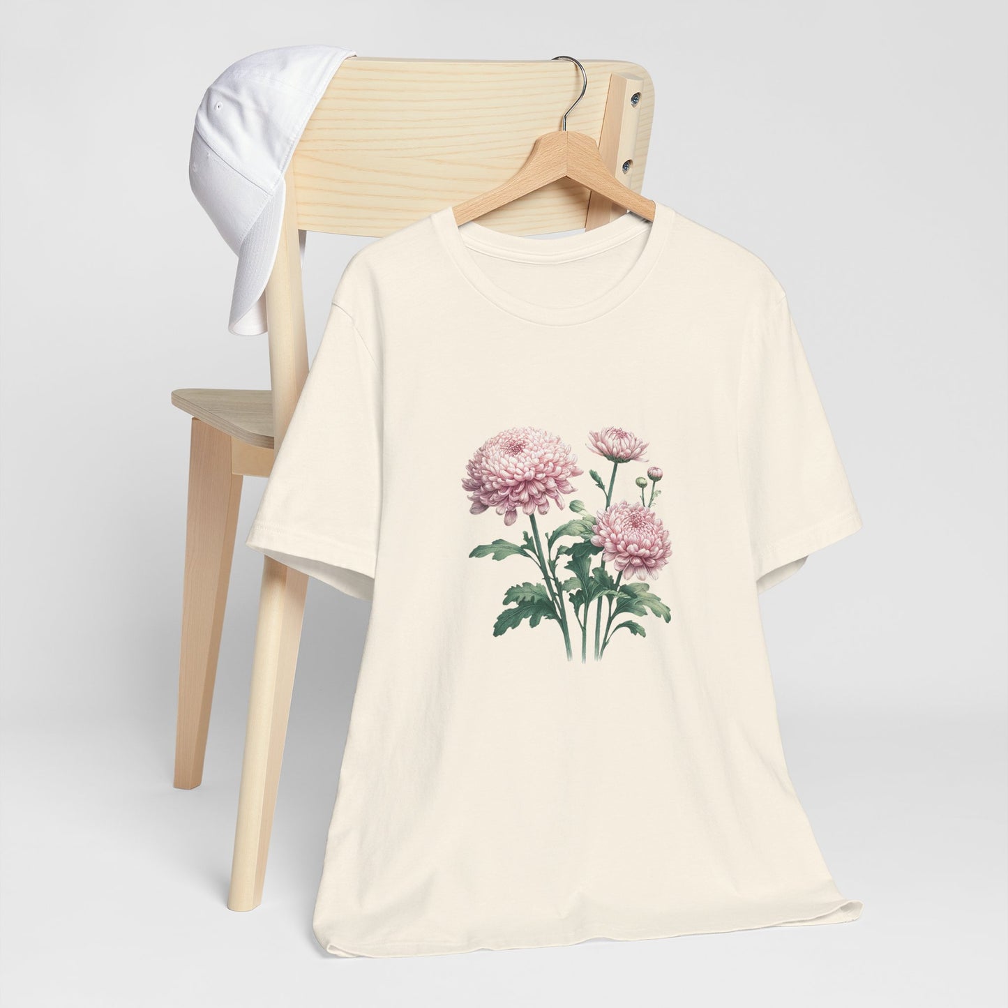 A t-shirt featuring a beautiful chrysanthemum for November. Perfect for November birthdays and floral art lovers. Comfortable and stylish for casual outings or celebrations. Bella+Canvas 3001 t-shirt in natural. ReadyShirtAim.com