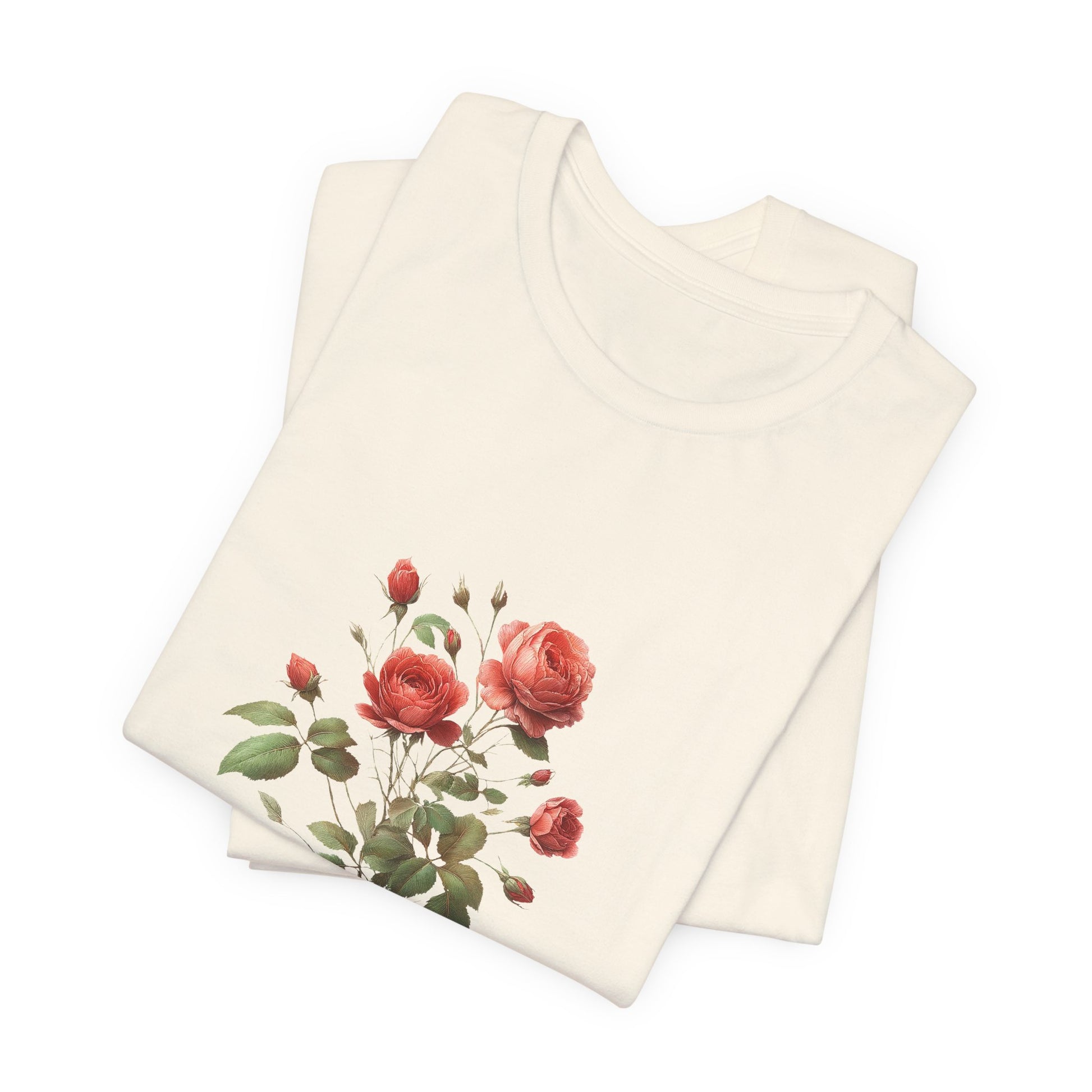 A t-shirt featuring a beautiful rose for June. Perfect for June birthdays and floral art lovers. Comfortable and stylish for casual outings or celebrations. Bella+Canvas 3001 t-shirt in natural. ReadyShirtAim.com