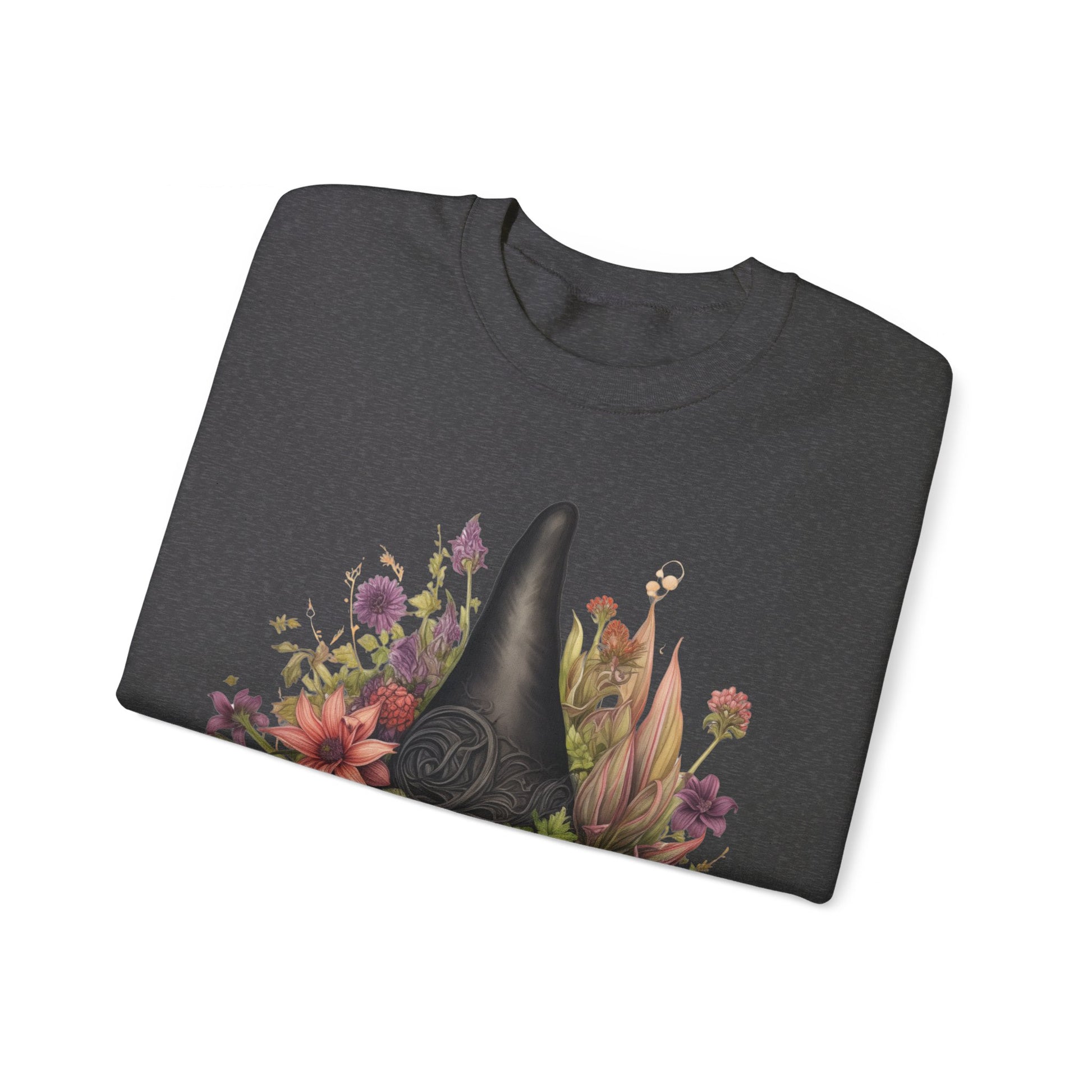 Gothic Boho Witch Hat & Flowers Halloween Sweatshirt for Women with a detailed witch hat and floral illustration. Perfect for Halloween celebrations. Available in multiple dark and light colors and sizes. Gildan 18000 sweatshirt in Dark Grey Heather. ReadyShirtAim.com