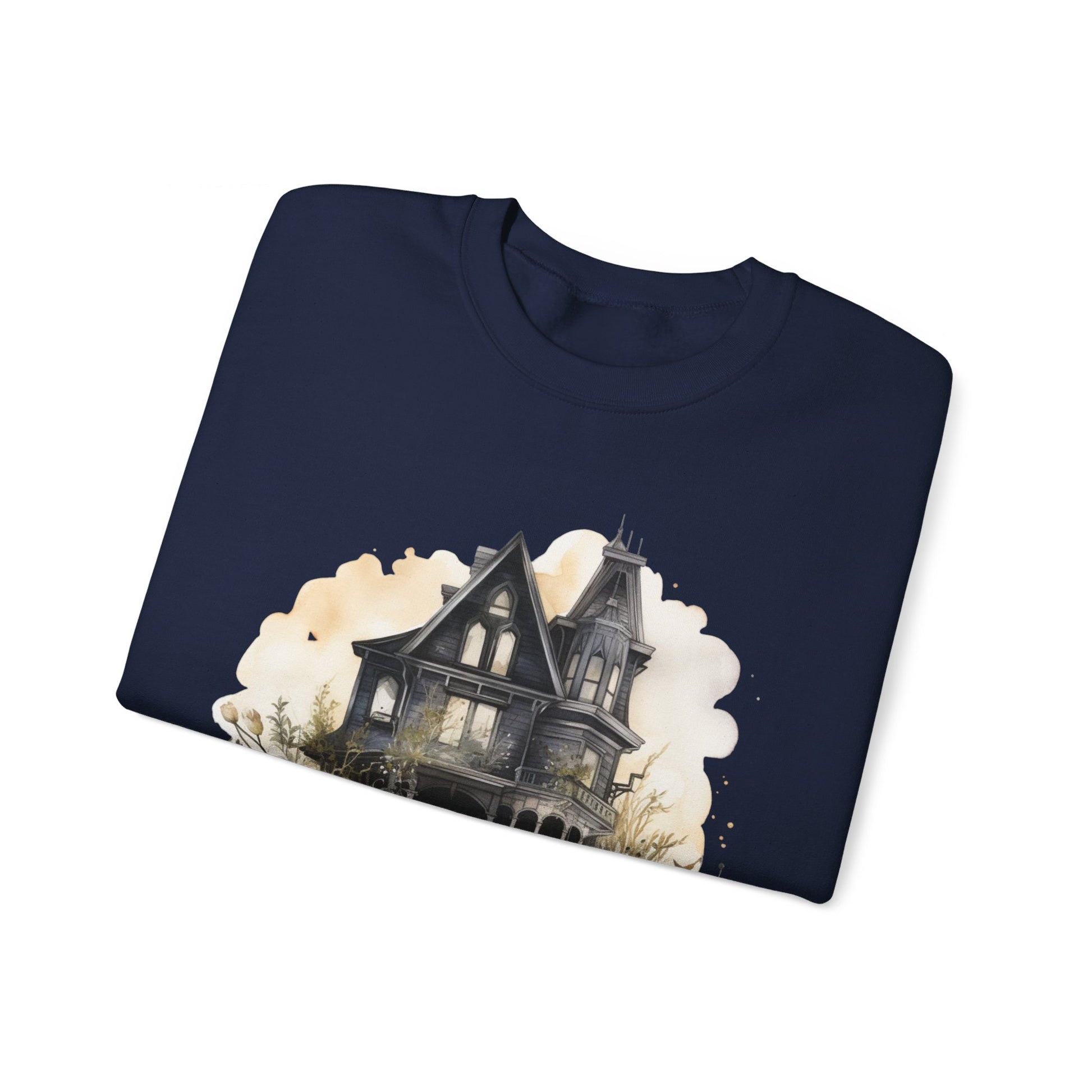 Halloween Boho Sweatshirt for Women featuring a mystical midnight haunted house illustration with boho design accents. Perfect for autumn festivities and casual wear. Available in multiple dark and light colors and sizes. Gildan 18000 sweatshirt in Navy. ReadyShirtAim.com