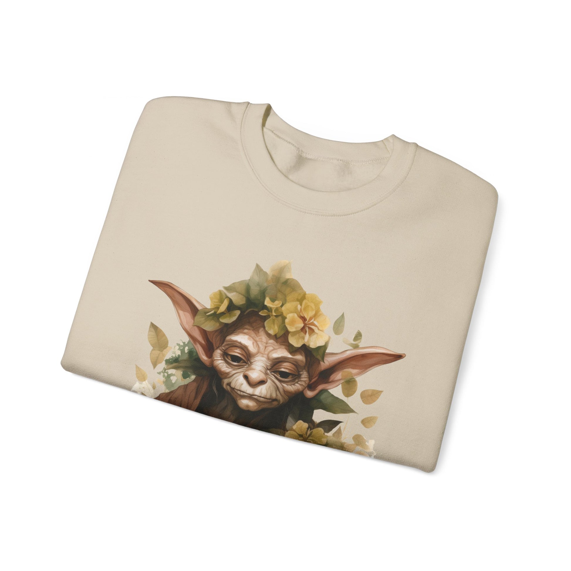 Mystical Goblin Boho Halloween Sweatshirt with a hand-drawn goblin illustration and boho-inspired design elements. Perfect for Halloween celebrations. Gildan 18000 sweatshirt in Sand. ReadyShirtAim.com