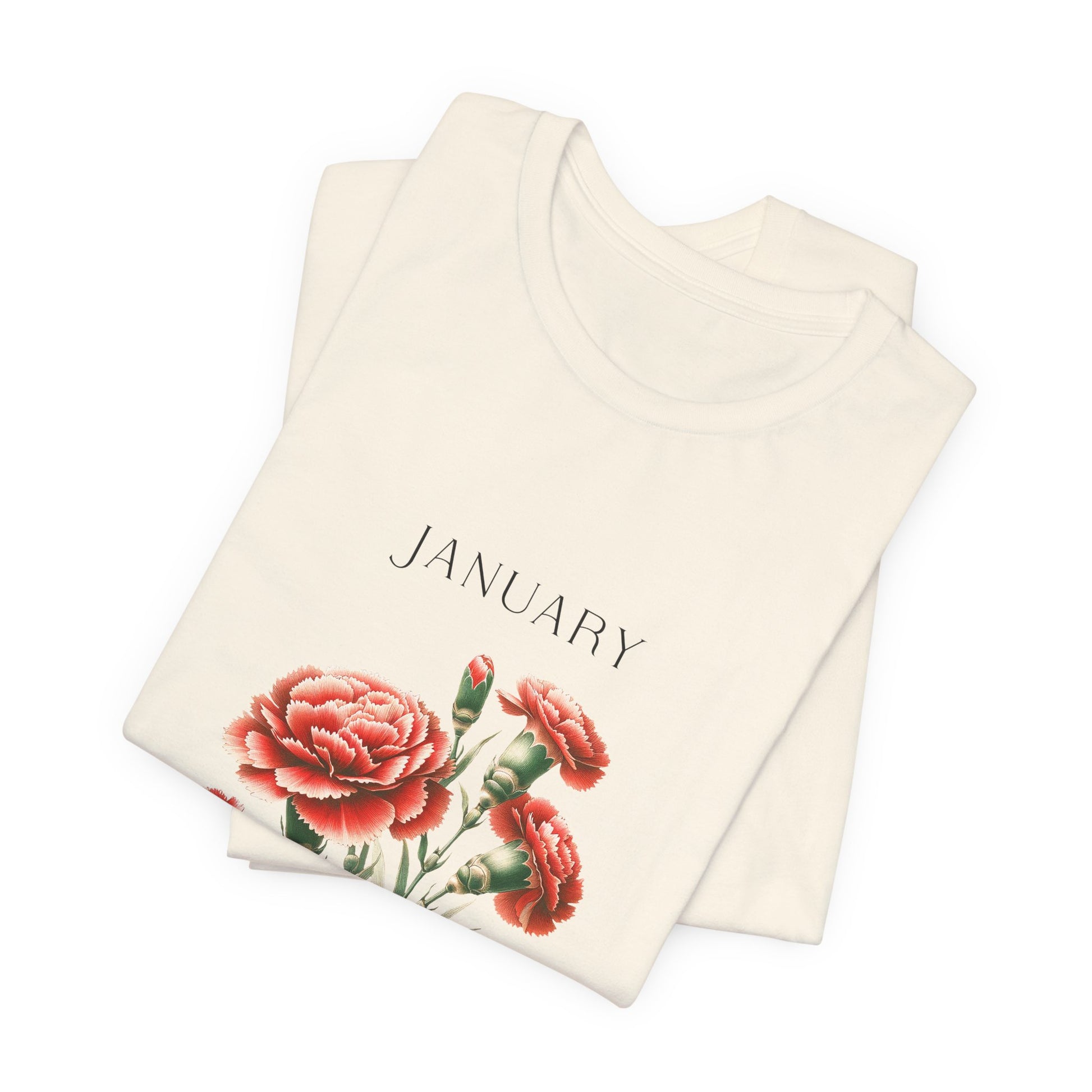 A t-shirt featuring a beautiful carnation for January with traits Devotion, Love, Loyalty. Perfect for January birthdays and floral art lovers. Comfortable and stylish for casual outings or celebrations. Bella+Canvas 3001 t-shirt in natural. ReadyShirtAim.com