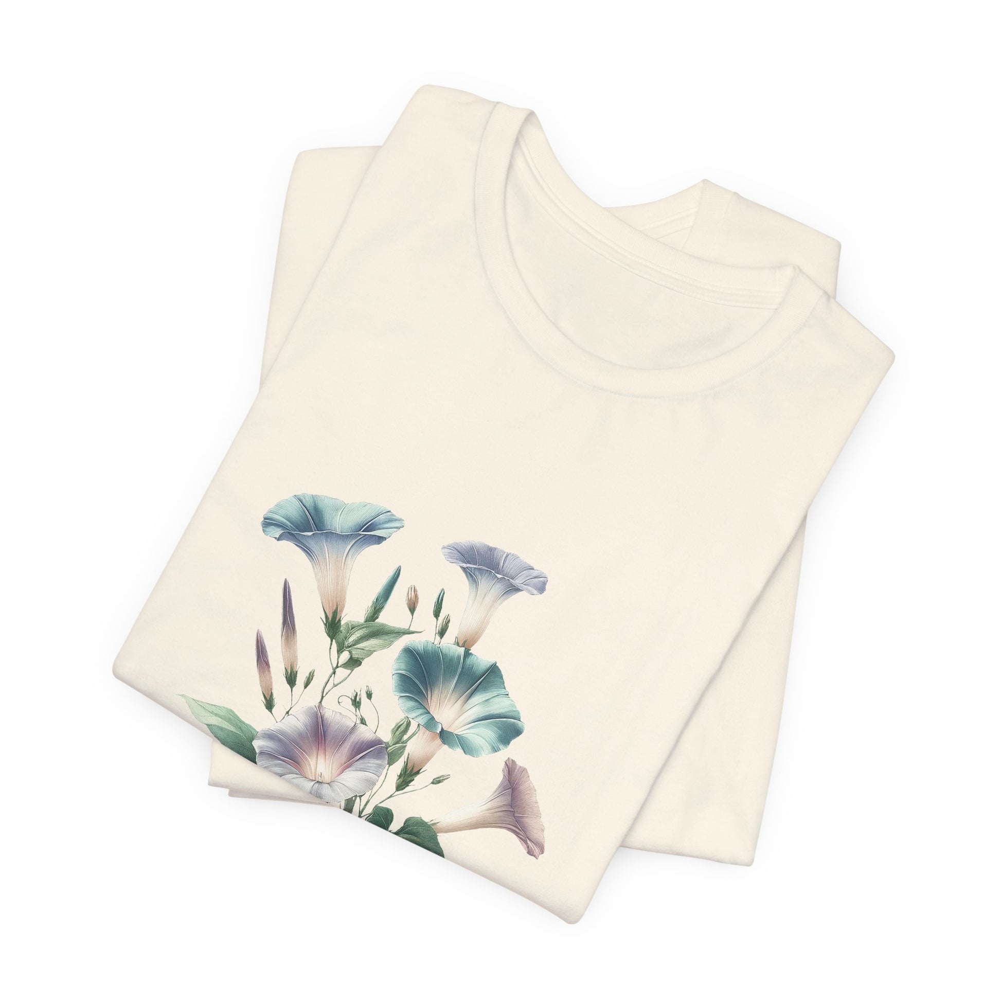 A t-shirt featuring a beautiful morning glory for September. Perfect for September birthdays and floral art lovers. Comfortable and stylish for casual outings or celebrations. Bella+Canvas 3001 t-shirt in natural. ReadyShirtAim.com