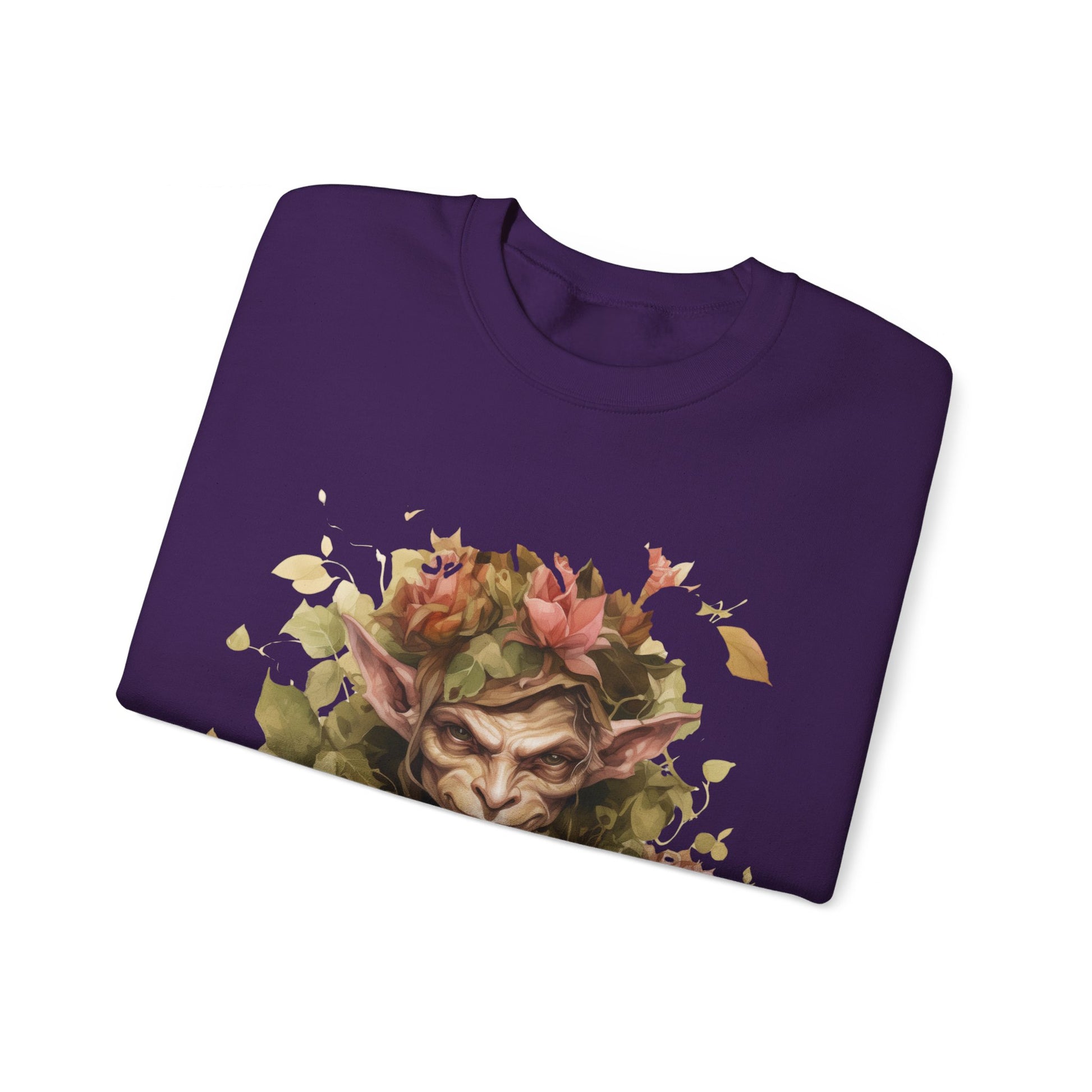 Boho Goblin Magic Halloween Sweatshirt for women. Features a charming goblin surrounded by muted florals. Perfect for Halloween celebrations. Available in multiple dark and light colors and sizes. Gildan 18000 sweatshirt in Purple. ReadyShirtAim.com