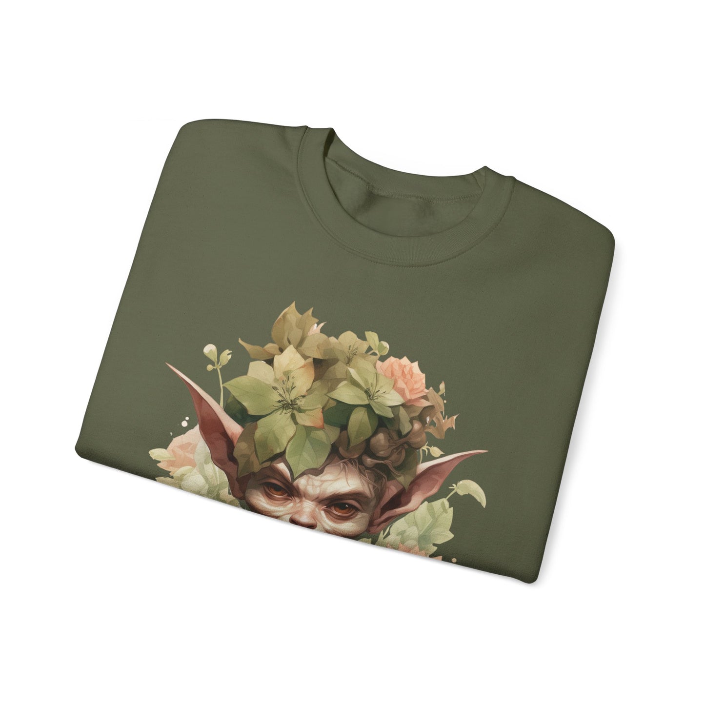 Whimsical Goblin & Floral Boho Halloween Sweatshirt for women. Features a charming goblin surrounded by delicate florals. Perfect for Halloween celebrations. Available in multiple dark and light colors and sizes. Gildan 18000 sweatshirt in Military Green. ReadyShirtAim.com