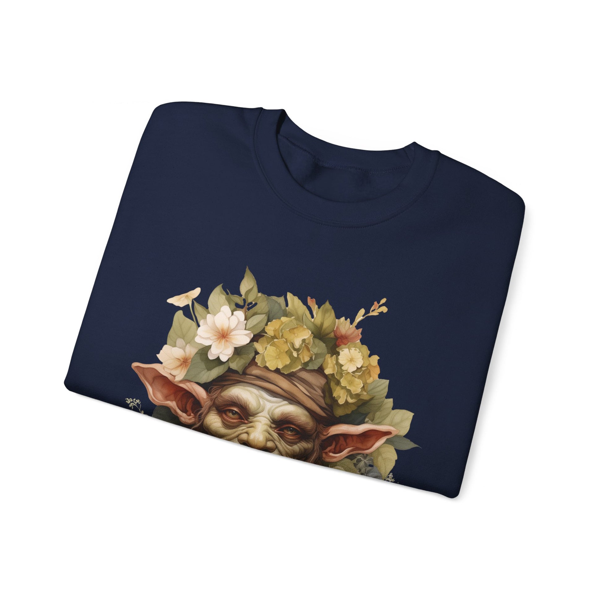 Creepy Cute Goblin Floral Boho Halloween Sweatshirt for women. Features a charming goblin surrounded by muted florals. Perfect for Halloween celebrations. Available in multiple dark and light colors and sizes. Gildan 18000 sweatshirt in Navy. ReadyShirtAim.com