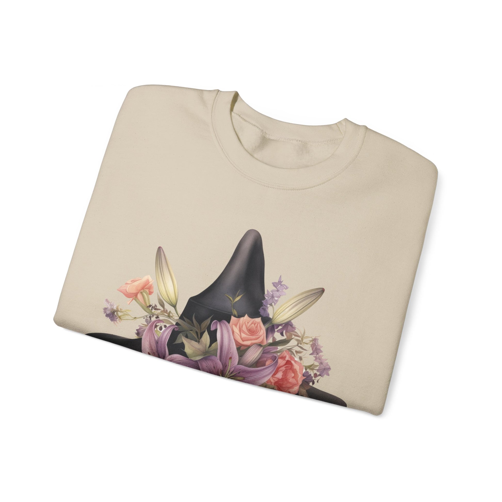 Elegant Witchy Blooms Sweatshirt with a watercolor illustration of a black witch hat and flowers in purple, pink, and green. Available in multiple dark and light colors and sizes. Gildan 18000 sweatshirt in Sand. ReadyShirtAim.com