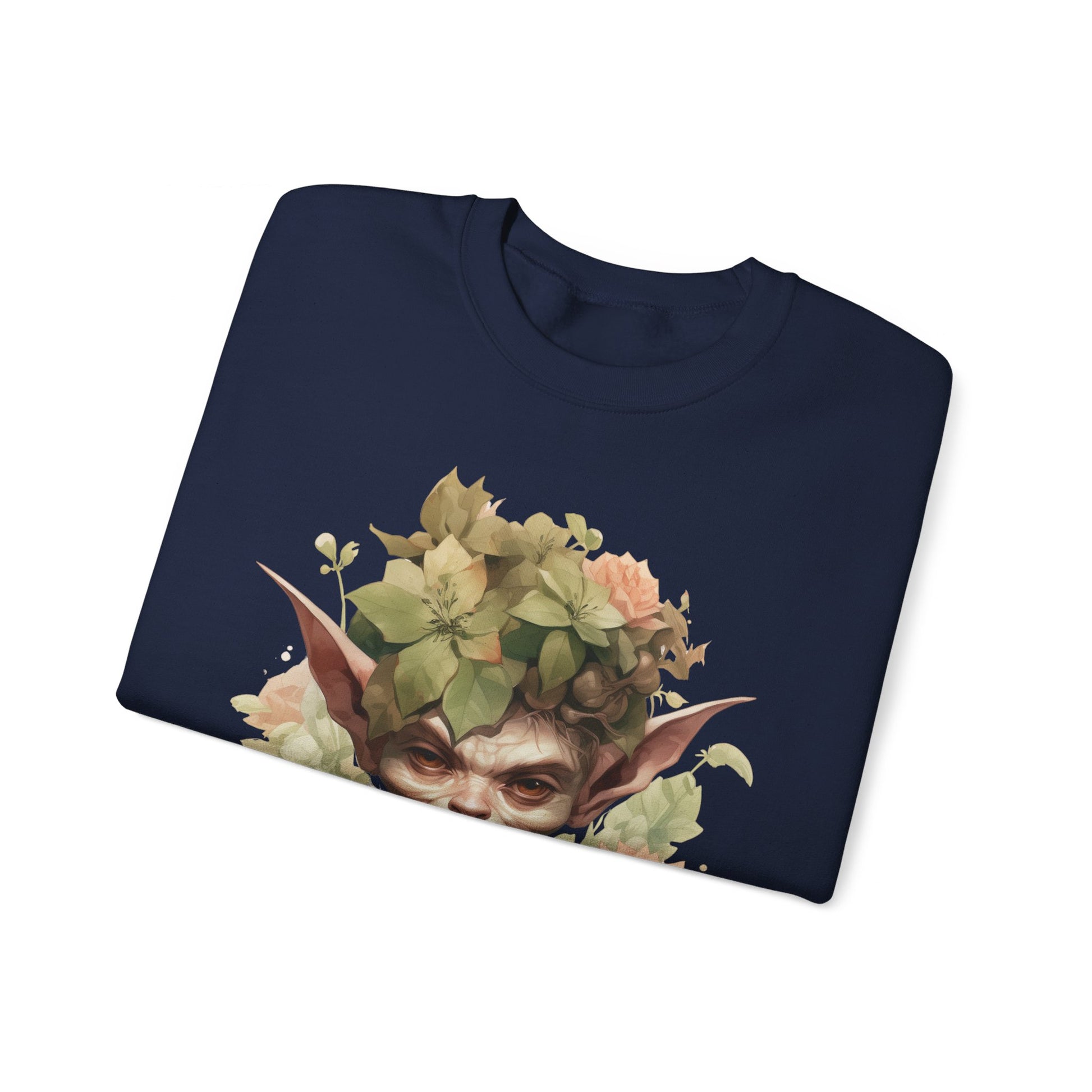 Whimsical Goblin & Floral Boho Halloween Sweatshirt for women. Features a charming goblin surrounded by delicate florals. Perfect for Halloween celebrations. Available in multiple dark and light colors and sizes. Gildan 18000 sweatshirt in Navy. ReadyShirtAim.com