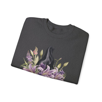 Mystical Floral Witch Hat Sweatshirt featuring a watercolor illustration of a black witch hat with flowers in purple, pink, and green. Available in multiple dark and light colors and sizes. Gildan 18000 sweatshirt in Dark Grey Heather. ReadyShirtAim.com