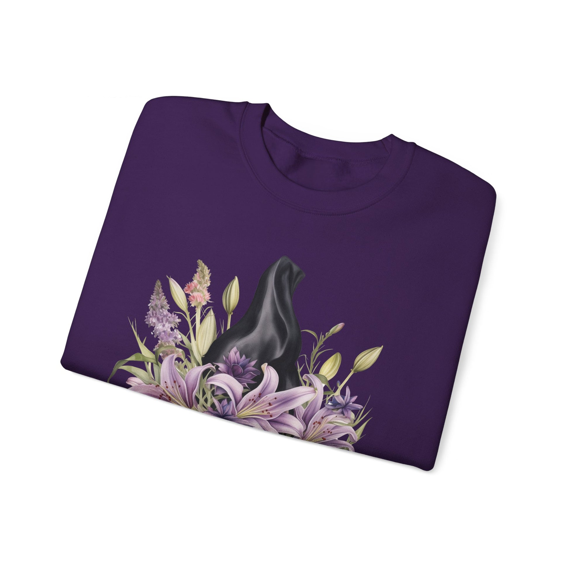 Mystical Floral Witch Hat Sweatshirt featuring a watercolor illustration of a black witch hat with flowers in purple, pink, and green. Available in multiple dark and light colors and sizes. Gildan 18000 sweatshirt in Purple. ReadyShirtAim.com