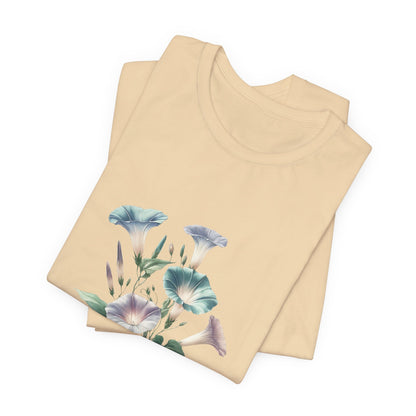 A t-shirt featuring a beautiful morning glory for September. Perfect for September birthdays and floral art lovers. Comfortable and stylish for casual outings or celebrations. Bella+Canvas 3001 t-shirt in soft cream. ReadyShirtAim.com