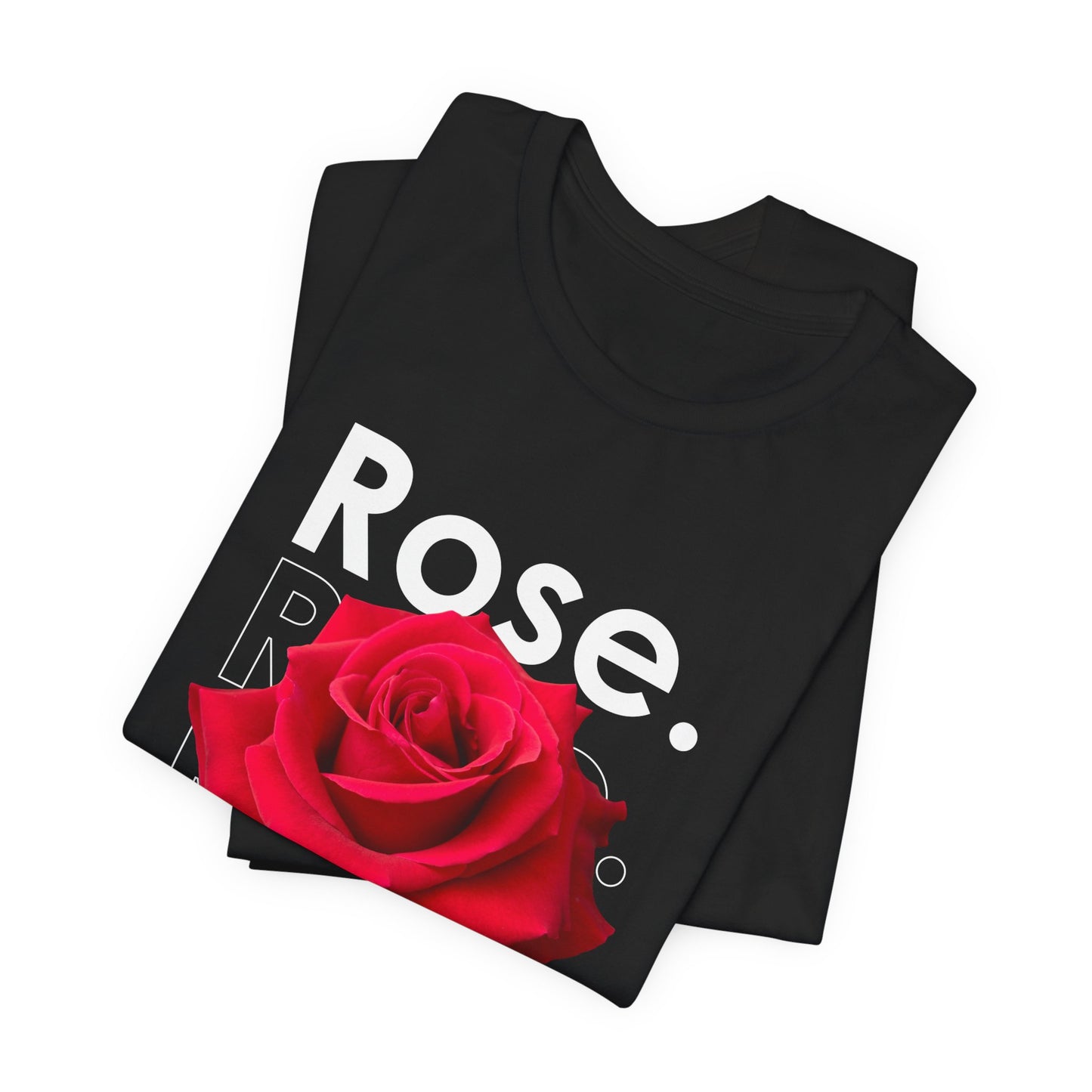 A t-shirt featuring a stunning deep red photo-realistic rose with the theme 'Striking Wonder.' Perfect for those who adore bold floral art and nature. Comfortable and stylish for casual outings or celebrations. Bella+Canvas 3001 t-shirt in black. ReadyShirtAim.com