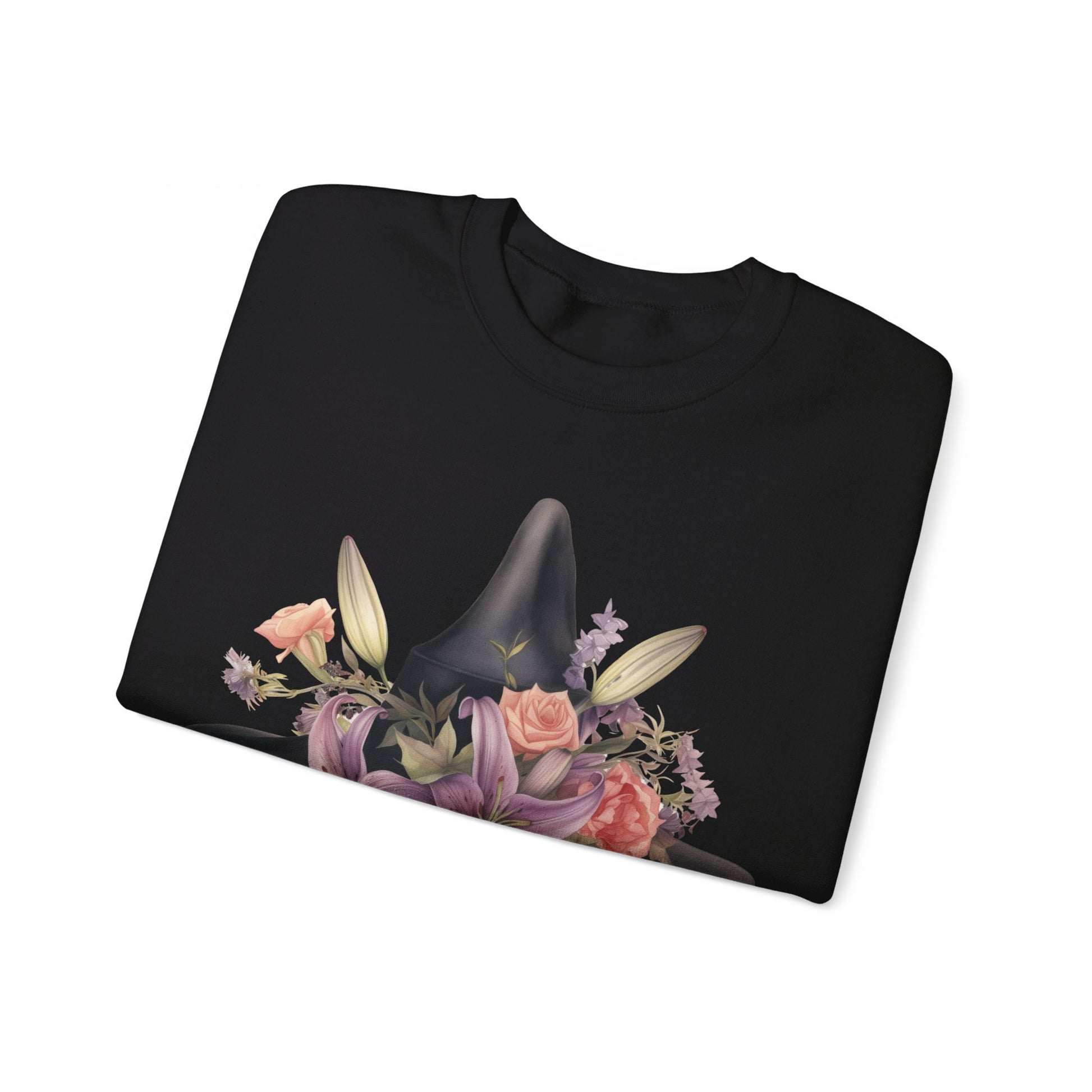 Elegant Witchy Blooms Sweatshirt with a watercolor illustration of a black witch hat and flowers in purple, pink, and green. Available in multiple dark and light colors and sizes. Gildan 18000 sweatshirt in Black. ReadyShirtAim.com