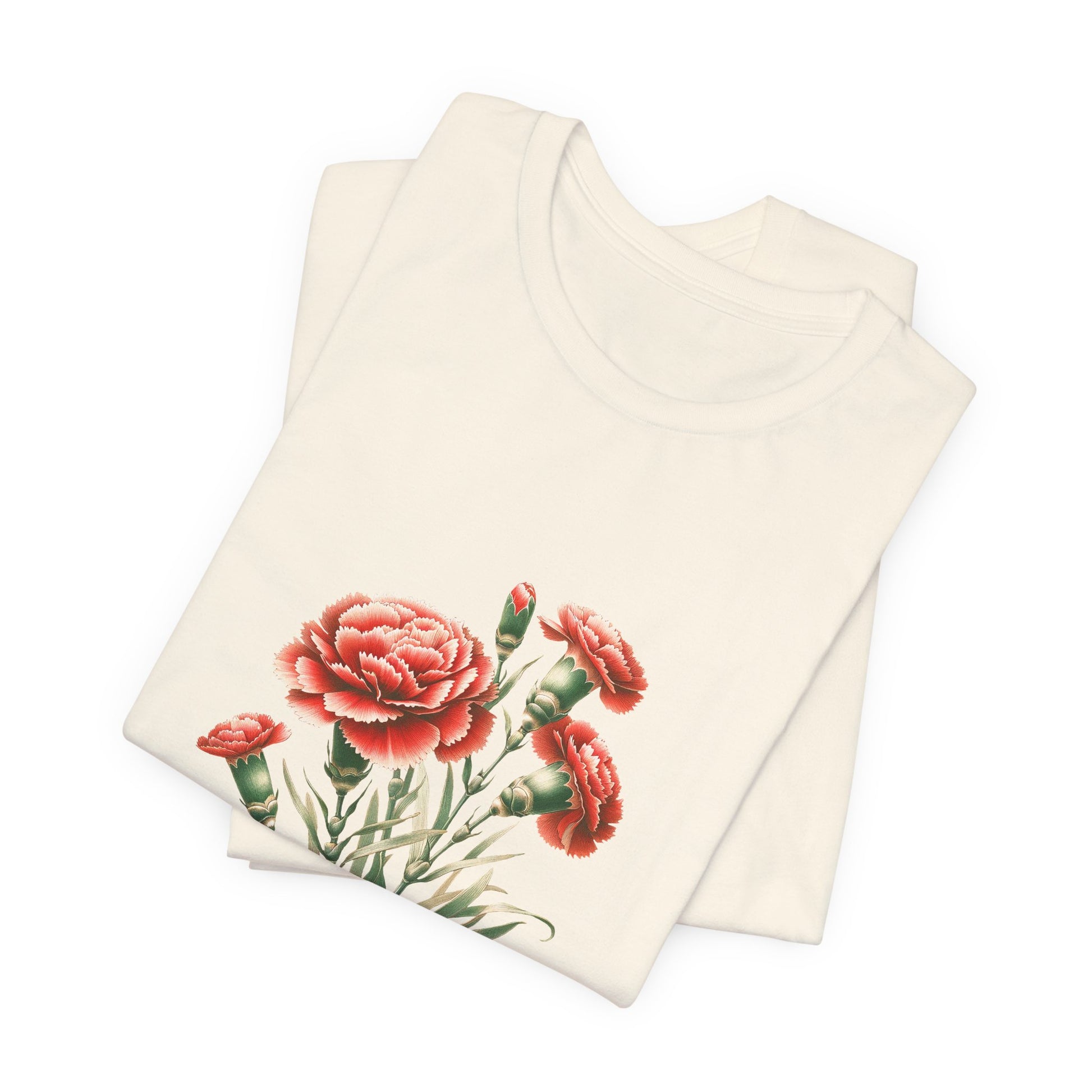 A t-shirt featuring a beautiful carnation for January. Perfect for January birthdays and floral art lovers. Comfortable and stylish for casual outings or celebrations. Bella+Canvas 3001 t-shirt in natural. ReadyShirtAim.com