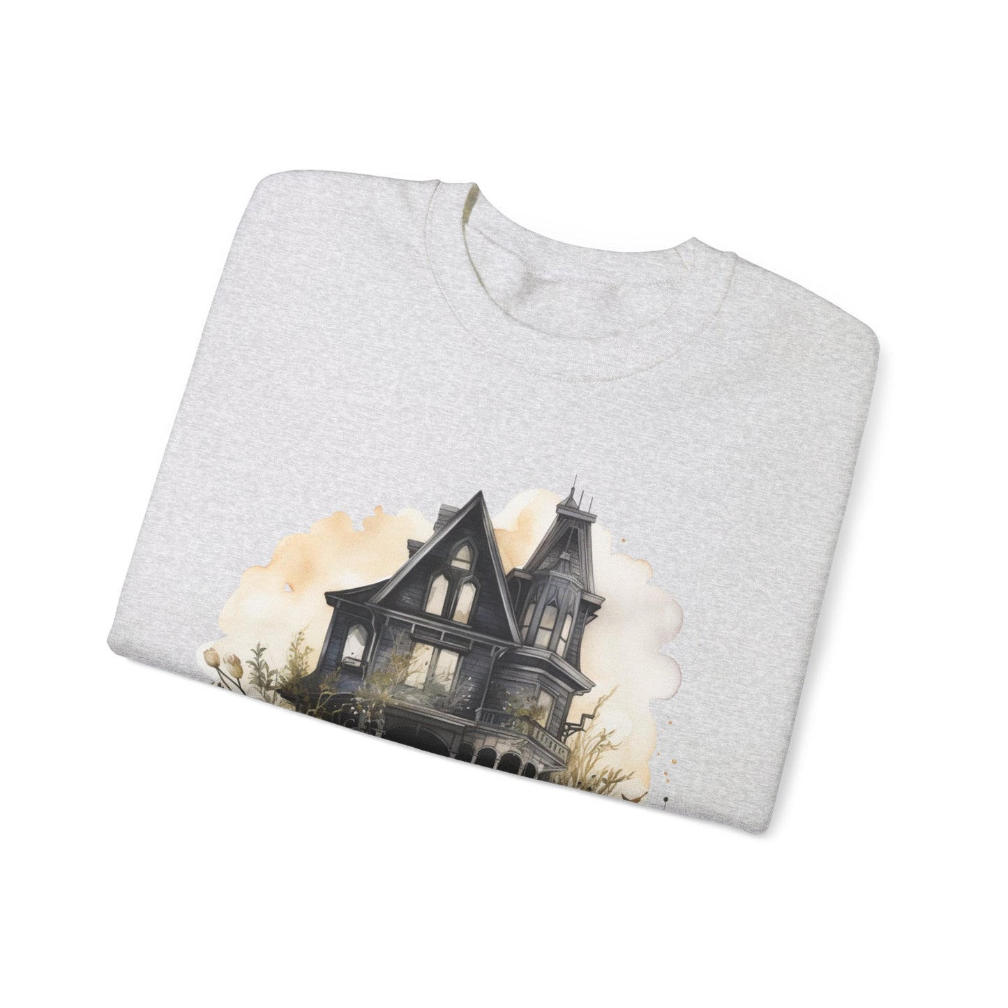 Halloween Boho Sweatshirt for Women featuring a mystical midnight haunted house illustration with boho design accents. Perfect for autumn festivities and casual wear. Available in multiple dark and light colors and sizes. Gildan 18000 sweatshirt in Ash. ReadyShirtAim.com