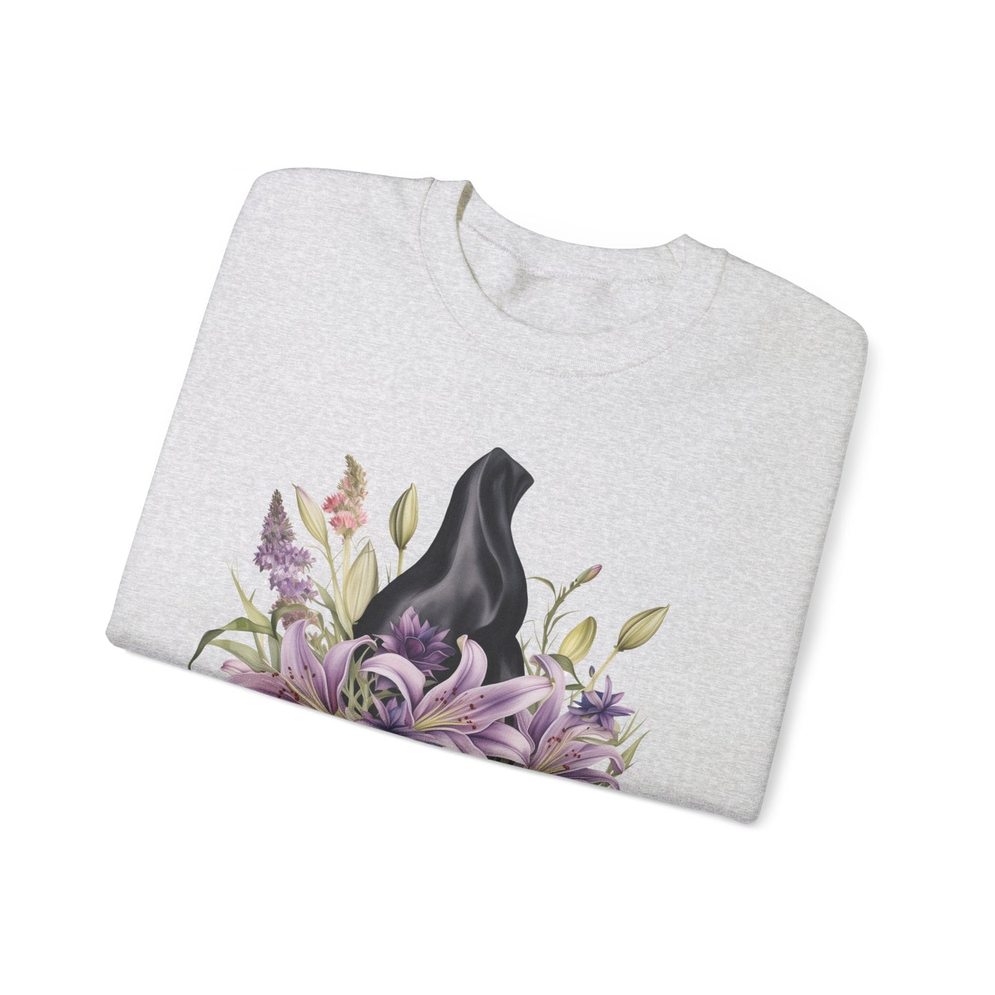 Mystical Floral Witch Hat Sweatshirt featuring a watercolor illustration of a black witch hat with flowers in purple, pink, and green. Available in multiple dark and light colors and sizes. Gildan 18000 sweatshirt in ash. ReadyShirtAim.com