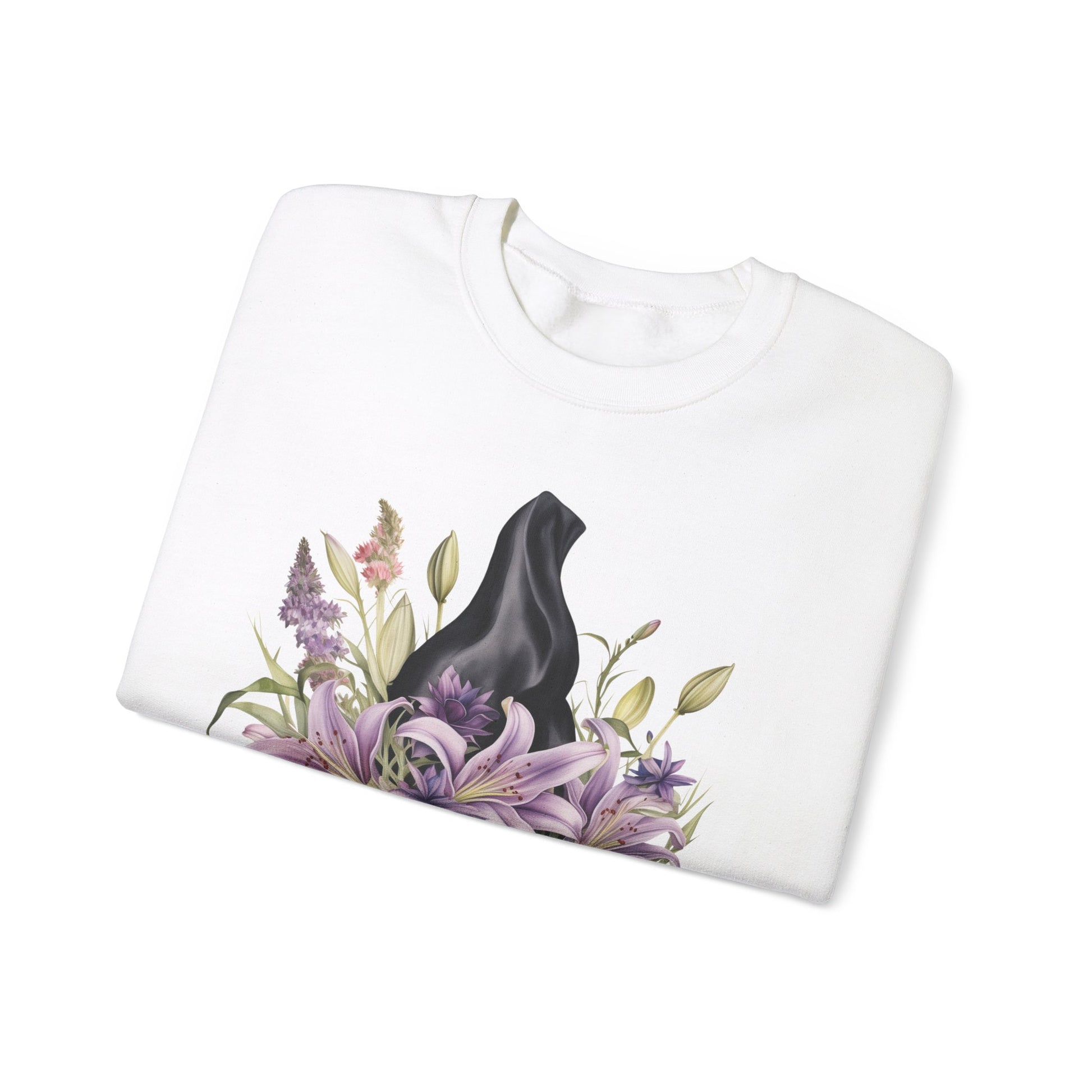 Mystical Floral Witch Hat Sweatshirt featuring a watercolor illustration of a black witch hat with flowers in purple, pink, and green. Available in multiple dark and light colors and sizes. Gildan 18000 sweatshirt in white. ReadyShirtAim.com