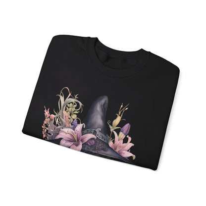 Charming Witch Hat & Flowers Sweatshirt with a watercolor illustration of a black witch hat and flowers in purple, pink, and green. Available in multiple dark and light colors and sizes. Gildan 18000 sweatshirt in Black. ReadyShirtAim.com