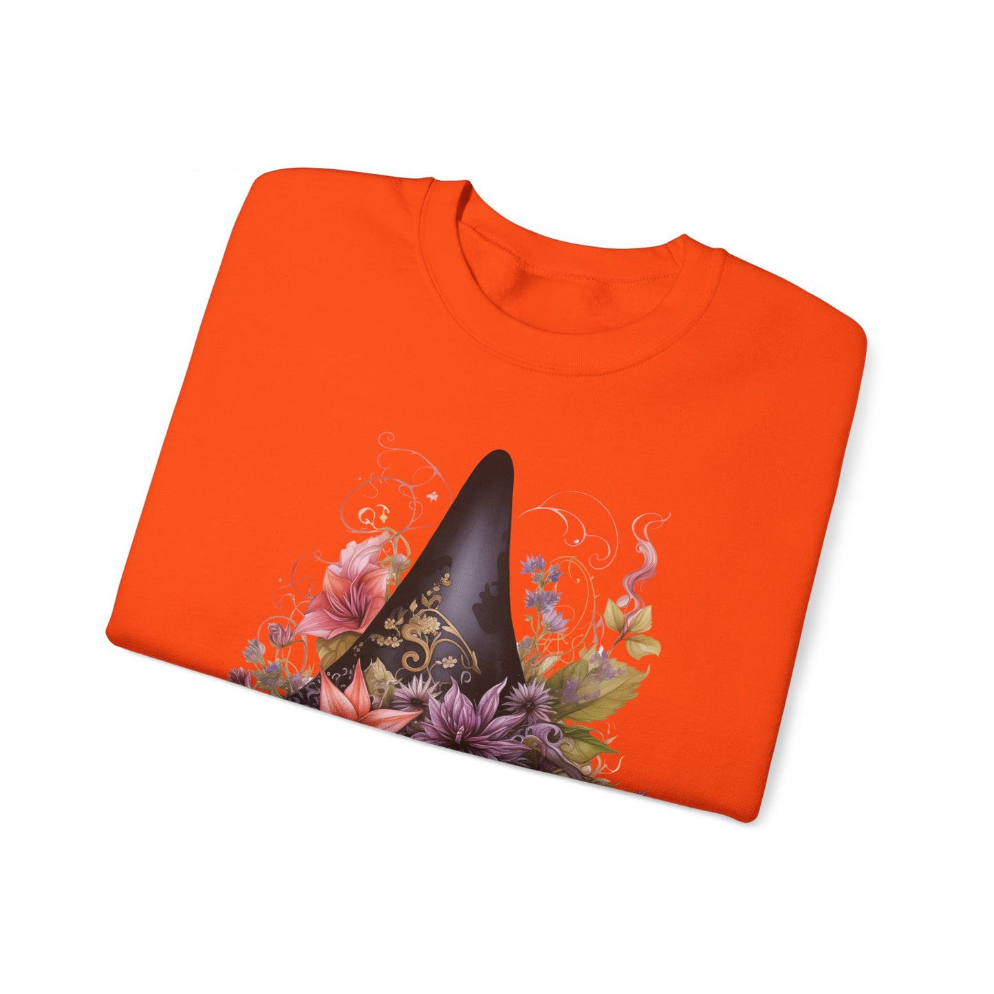 Whimsical Witch Hat Sweatshirt with a watercolor illustration of a black witch hat surrounded by flowers in purple, pink, and green. Available in multiple dark and light colors and sizes. Gildan 18000 sweatshirt in Orange. ReadyShirtAim.com