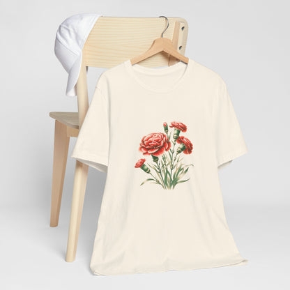 A t-shirt featuring a beautiful carnation for January. Perfect for January birthdays and floral art lovers. Comfortable and stylish for casual outings or celebrations. Bella+Canvas 3001 t-shirt in natural. ReadyShirtAim.com