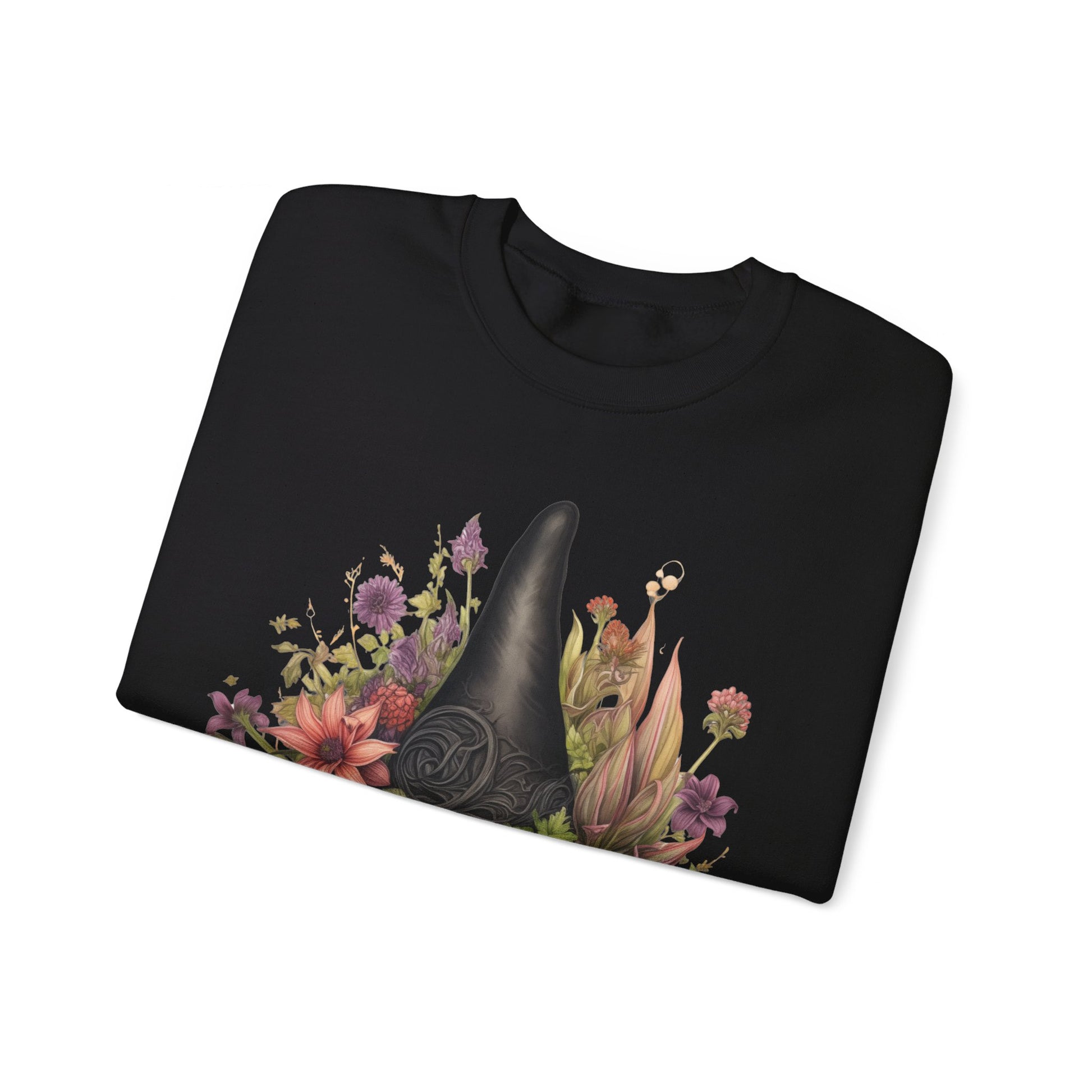 Gothic Boho Witch Hat & Flowers Halloween Sweatshirt for Women with a detailed witch hat and floral illustration. Perfect for Halloween celebrations. Available in multiple dark and light colors and sizes. Gildan 18000 sweatshirt in Black. ReadyShirtAim.com