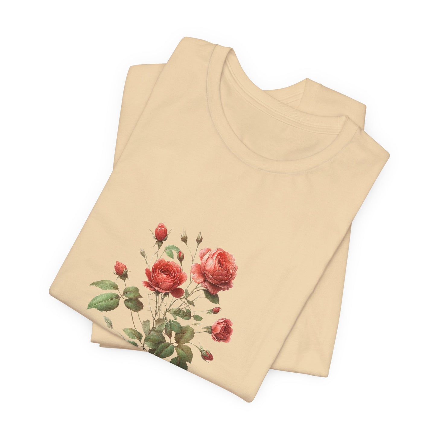 A t-shirt featuring a beautiful rose for June. Perfect for June birthdays and floral art lovers. Comfortable and stylish for casual outings or celebrations. Bella+Canvas 3001 t-shirt in soft cream. ReadyShirtAim.com