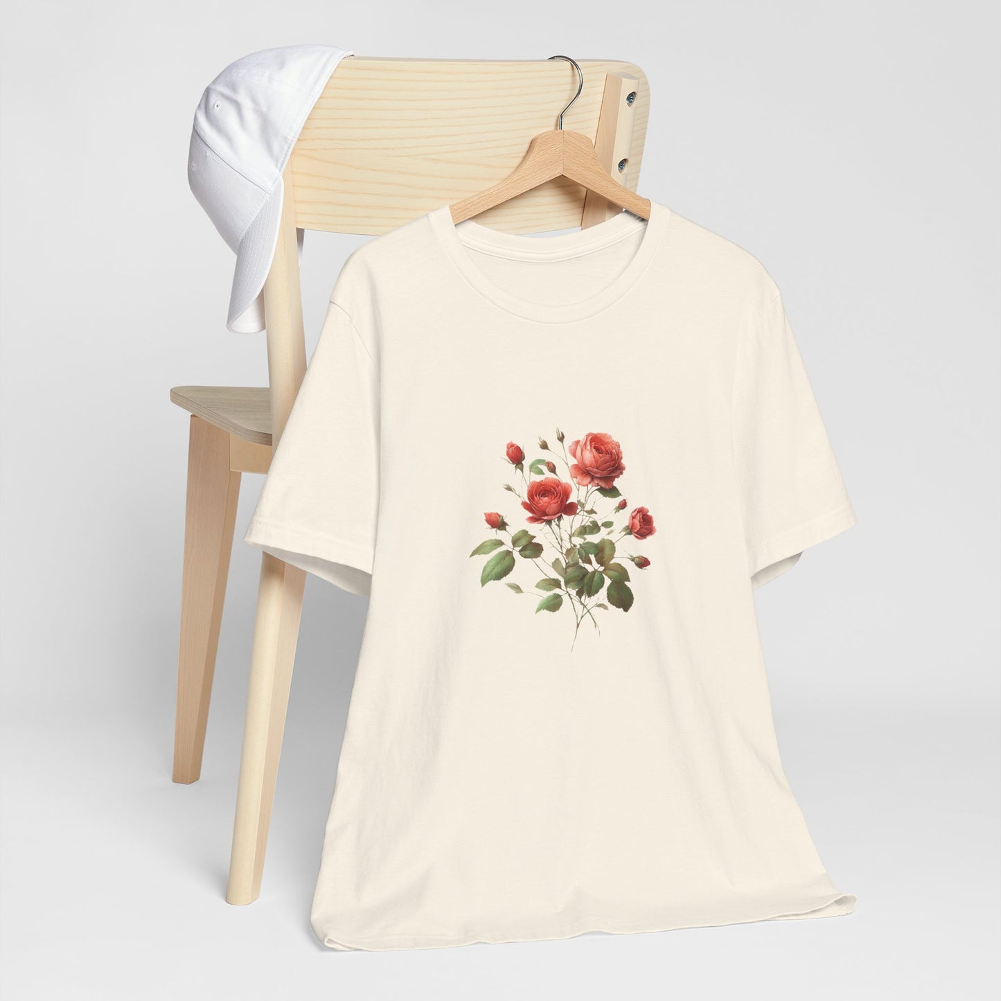 A t-shirt featuring a beautiful rose for June. Perfect for June birthdays and floral art lovers. Comfortable and stylish for casual outings or celebrations. Bella+Canvas 3001 t-shirt in natural. ReadyShirtAim.com