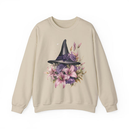 Enchanting Bohemian Witch Hat Sweatshirt with a watercolor illustration of a black witch hat surrounded by flowers in purple, pink, and green tones. Available in multiple dark ang light colors and sizes. Gildan 18000 sweatshirt in Sand. ReadyShirtAim.com