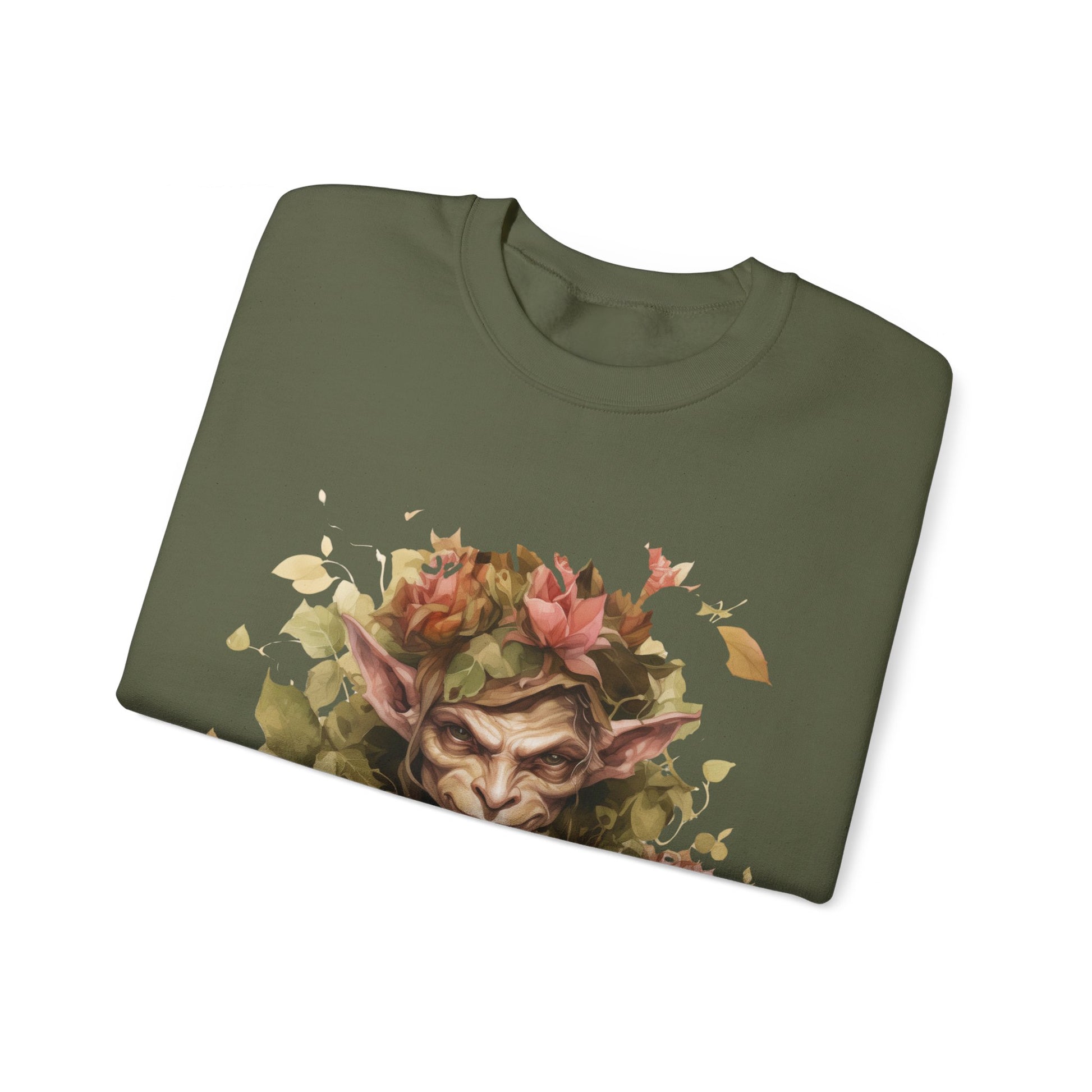 Boho Goblin Magic Halloween Sweatshirt for women. Features a charming goblin surrounded by muted florals. Perfect for Halloween celebrations. Available in multiple dark and light colors and sizes. Gildan 18000 sweatshirt in Military Green. ReadyShirtAim.com