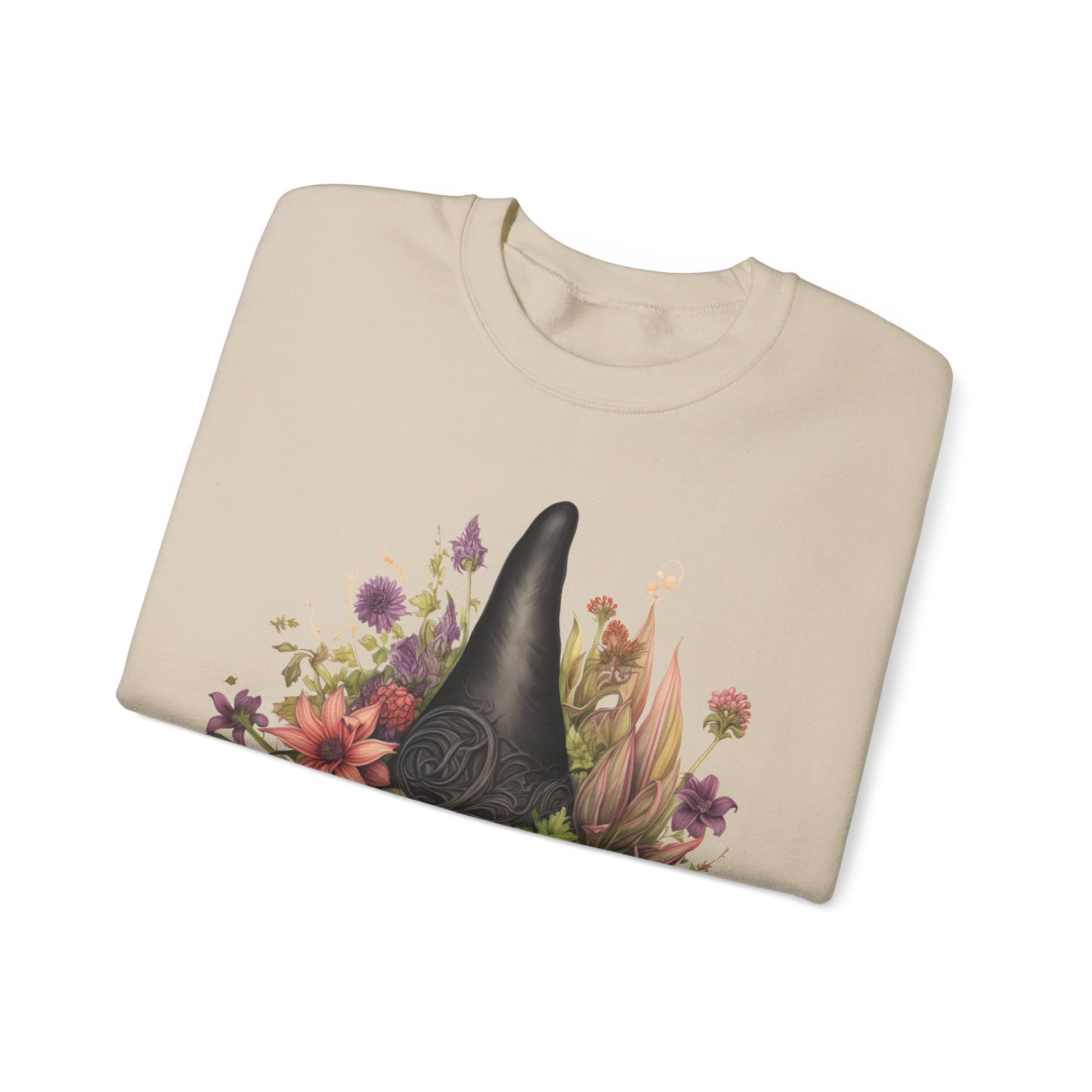 Gothic Boho Witch Hat & Flowers Halloween Sweatshirt for Women with a detailed witch hat and floral illustration. Perfect for Halloween celebrations. Available in multiple dark and light colors and sizes. Gildan 18000 sweatshirt in Sand. ReadyShirtAim.com