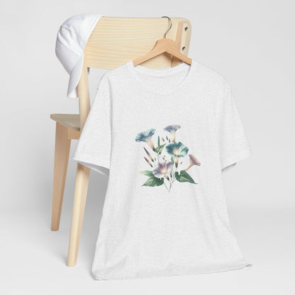 A t-shirt featuring a beautiful morning glory for September. Perfect for September birthdays and floral art lovers. Comfortable and stylish for casual outings or celebrations. Bella+Canvas 3001 t-shirt in ash. ReadyShirtAim.com