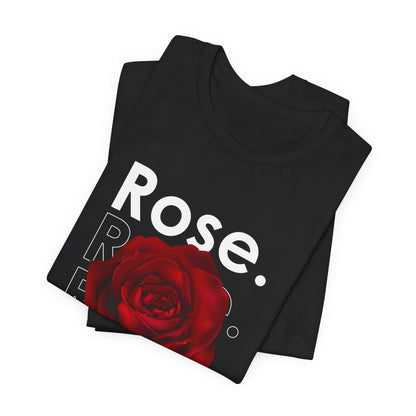 A t-shirt featuring a stunning deep red rose with the theme 'Soulful Love.' Perfect for those who adore bold floral art and nature. Comfortable and stylish for casual outings or celebrations. Bella+Canvas 3001 t-shirt in black. ReadyShirtAim.com