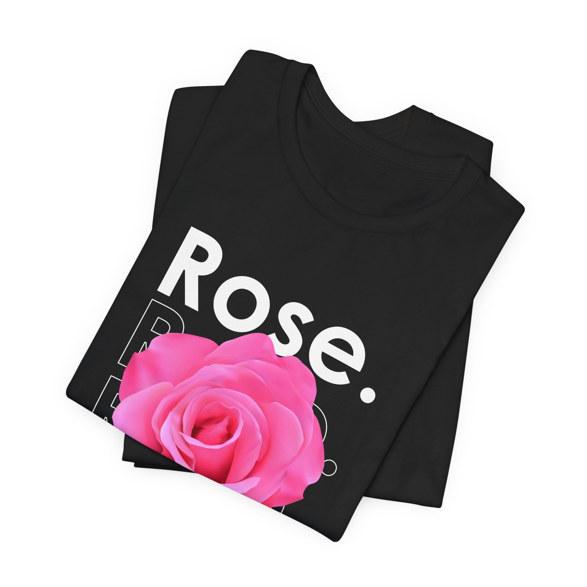 A t-shirt featuring a beautiful pink photo-realistic rose with the theme 'Graceful Beauty.' Perfect for those who adore floral art and nature. Comfortable and stylish for casual outings or celebrations. Bella+Canvas 3001 t-shirt in black. ReadyShirtAim.com