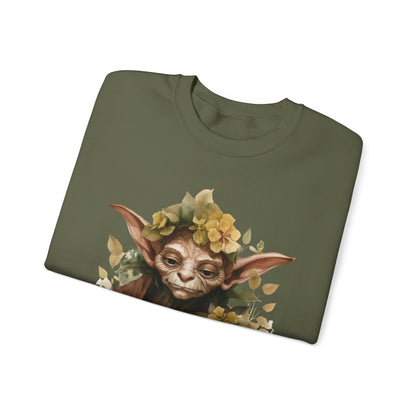 Mystical Goblin Boho Halloween Sweatshirt with a hand-drawn goblin illustration and boho-inspired design elements. Perfect for Halloween celebrations. Gildan 18000 sweatshirt in Military Green. ReadyShirtAim.com