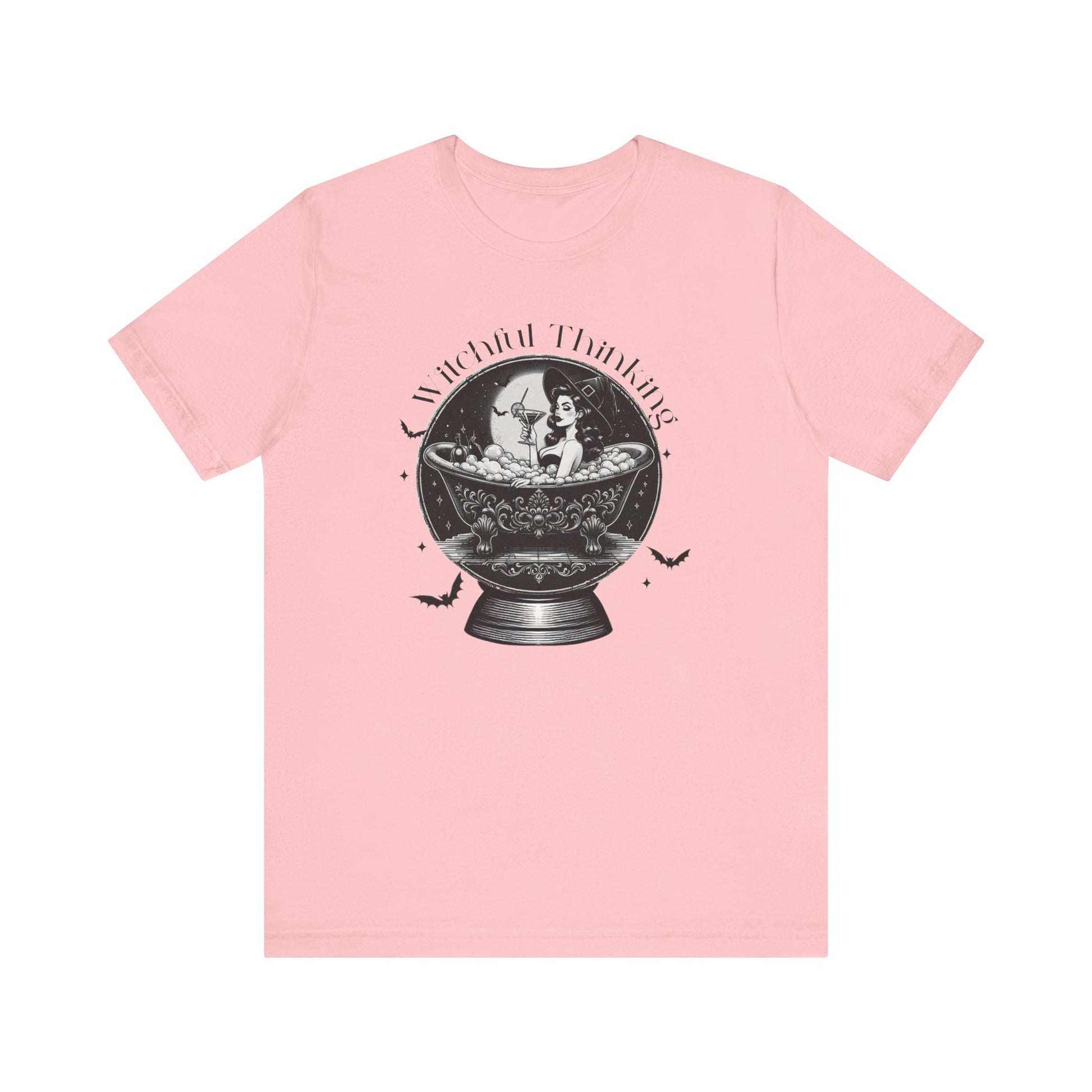 "Witchful Thinking" Vintage 1950's Witch Halloween Women's T-Shirt featuring black text and classic black-and-white pin-up girl images, perfect for adding a retro touch to your Halloween festivities. Available in multiple colors and sizes.  Bella+Canvas 3001 t-shirt in pink. ReadyShirtAim.com