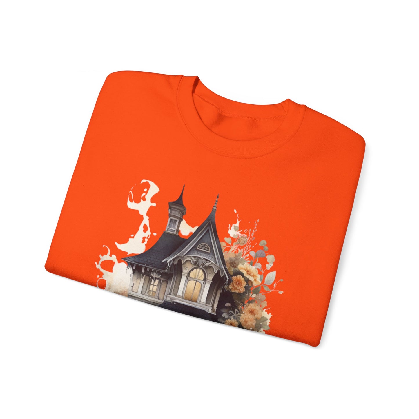 Halloween Boho Sweatshirt for Women featuring a haunted house illustration with boho design elements. Perfect for autumn festivities and casual wear. Available in multiple dark and light colors and sizes. Gildan 18000 sweatshirt in Orange. ReadyShirtAim.com