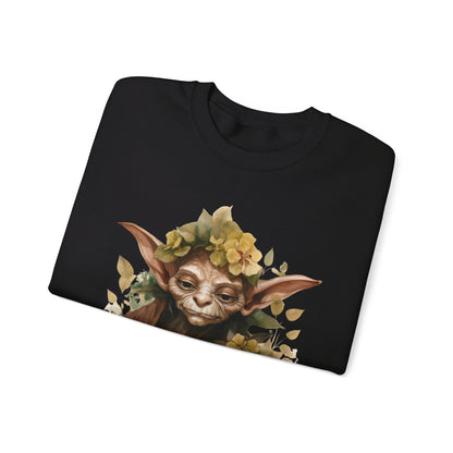 Mystical Goblin Boho Halloween Sweatshirt with a hand-drawn goblin illustration and boho-inspired design elements. Perfect for Halloween celebrations. Gildan 18000 sweatshirt in Black. ReadyShirtAim.com