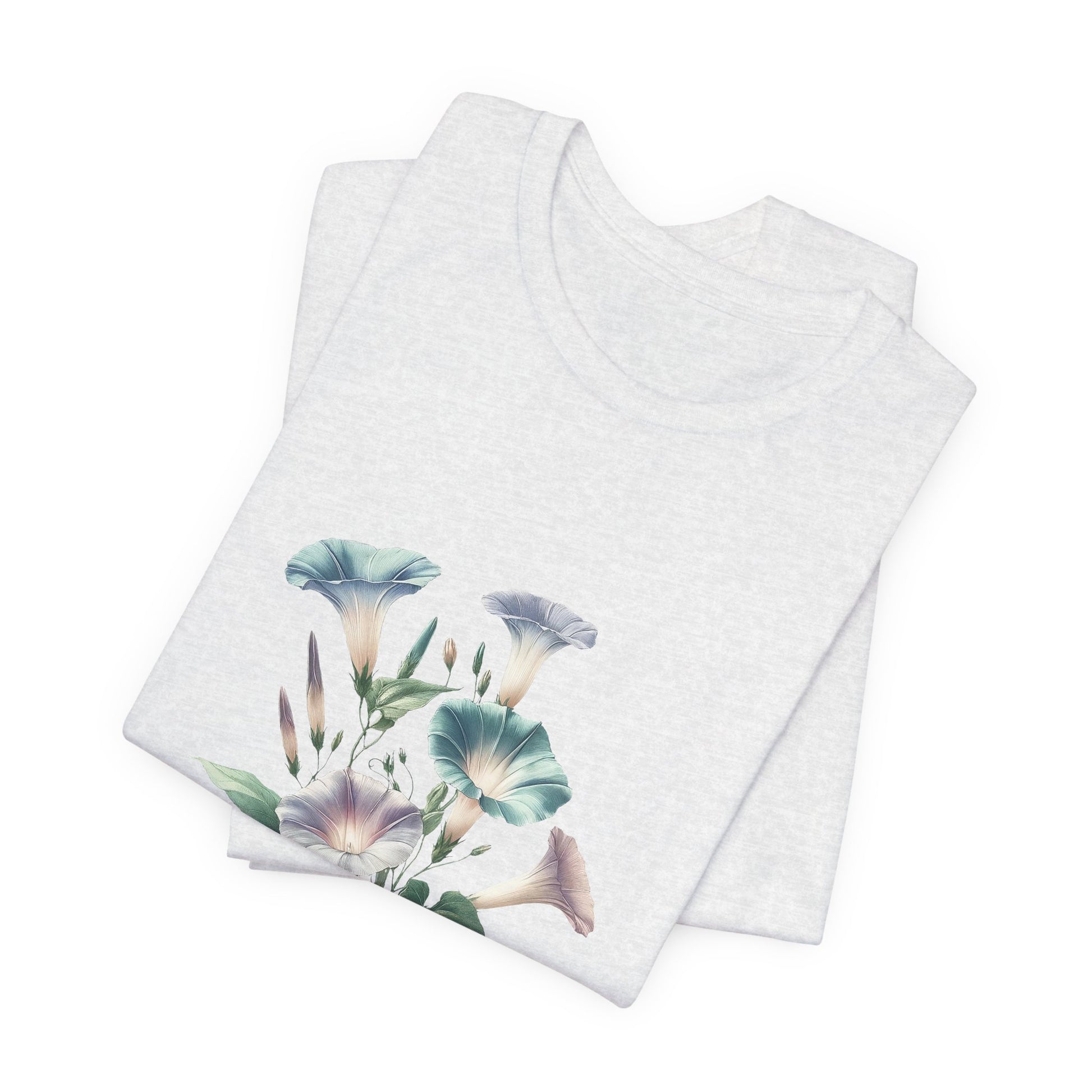 A t-shirt featuring a beautiful morning glory for September. Perfect for September birthdays and floral art lovers. Comfortable and stylish for casual outings or celebrations. Bella+Canvas 3001 t-shirt in ash. ReadyShirtAim.com