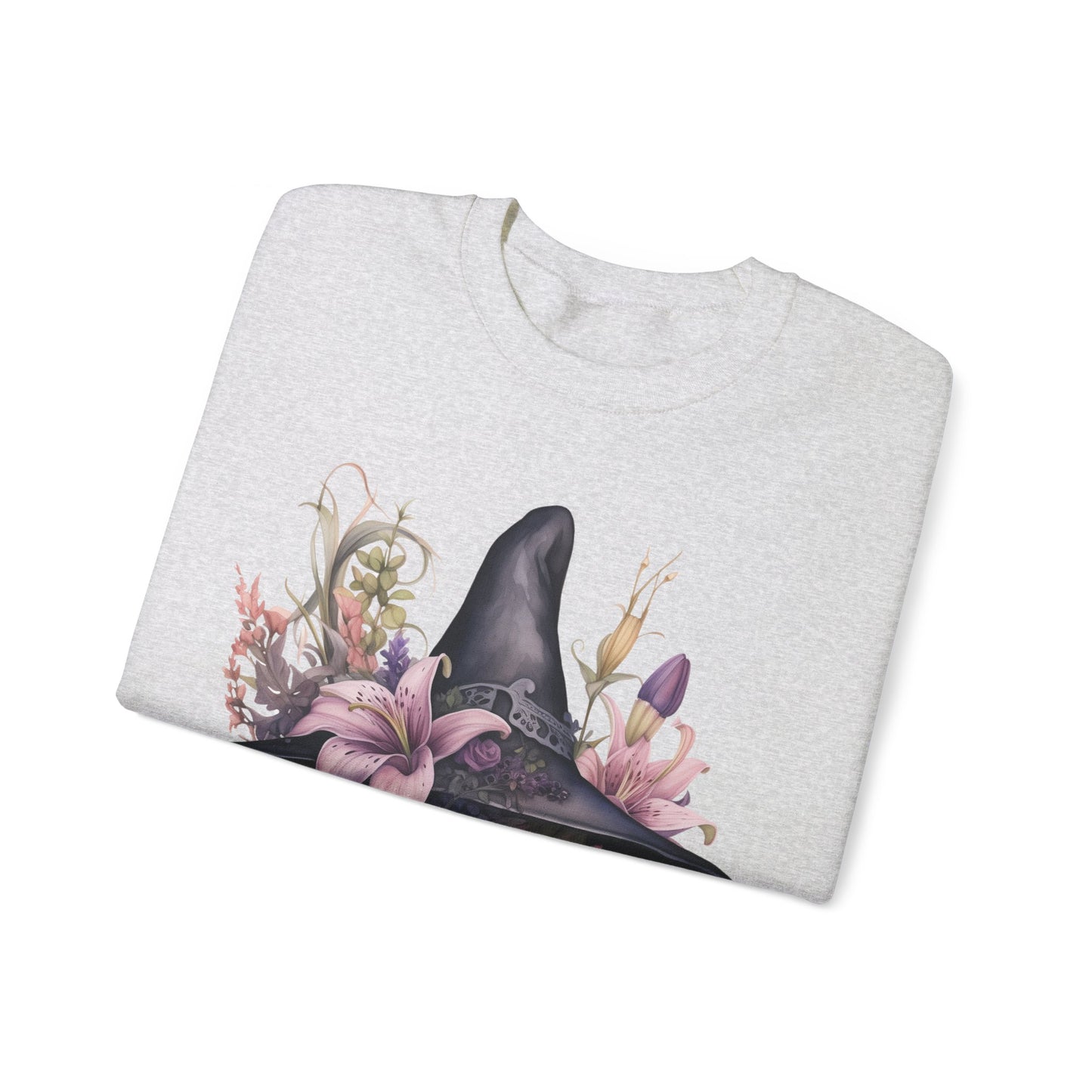 Charming Witch Hat & Flowers Sweatshirt with a watercolor illustration of a black witch hat and flowers in purple, pink, and green. Available in multiple dark and light colors and sizes. Gildan 18000 sweatshirt in ash. ReadyShirtAim.com