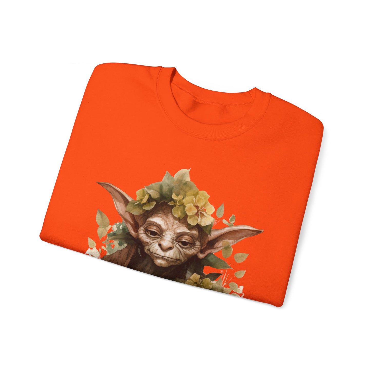 Mystical Goblin Boho Halloween Sweatshirt with a hand-drawn goblin illustration and boho-inspired design elements. Perfect for Halloween celebrations. Available in multiple dark and light colors and sizes. Gildan 18000 sweatshirt in Orange. ReadyShirtAim.com