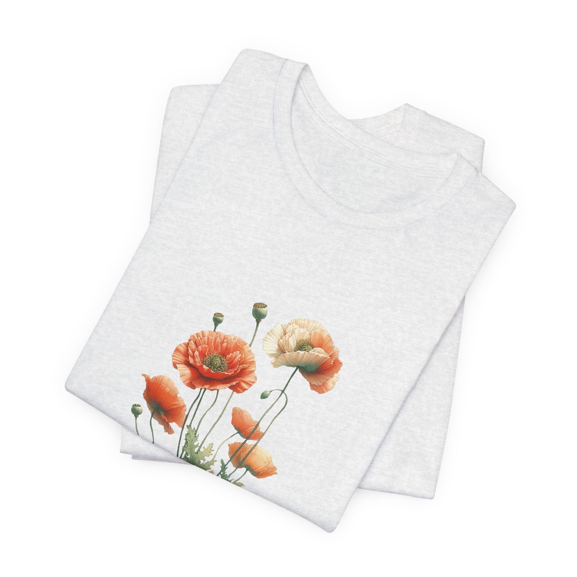 A t-shirt featuring a beautiful poppy for August. Perfect for August birthdays and floral art lovers. Comfortable and stylish for casual outings or celebrations. Bella+Canvas 3001 t-shirt in ash. ReadyShirtAim.com