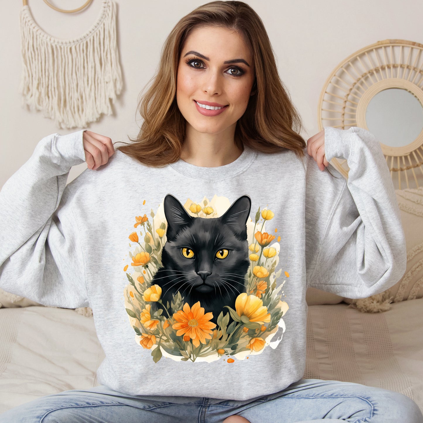 Sudadera Boho de Halloween con cara de gato negro "Mystical Midnight" - Unisex