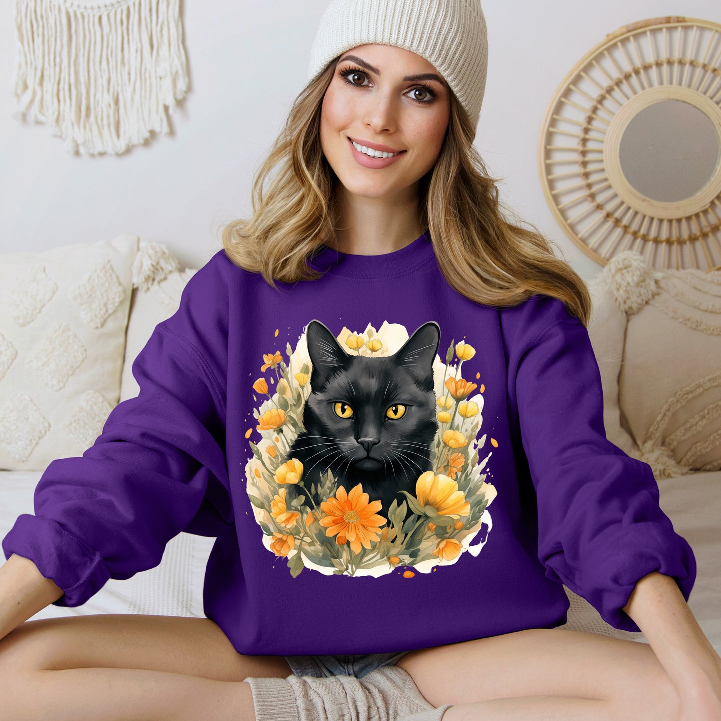 Sudadera Boho de Halloween con cara de gato negro "Mystical Midnight" - Unisex