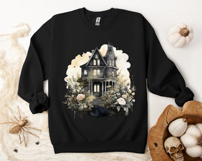 Halloween Boho Sweatshirt for Women featuring a mystical midnight haunted house illustration with boho design accents. Perfect for autumn festivities and casual wear. Gildan 18000 sweatshirt in Black. ReadyShirtAim.com