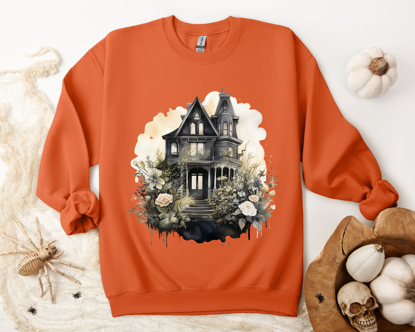 Halloween Boho Sweatshirt for Women featuring a mystical midnight haunted house illustration with boho design accents. Perfect for autumn festivities and casual wear. Available in multiple dark and light colors and sizes. Gildan 18000 sweatshirt in Navy. ReadyShirtAim.com