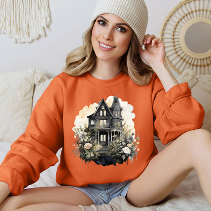 Halloween Boho Sweatshirt for Women featuring a mystical midnight haunted house illustration with boho design accents. Perfect for autumn festivities and casual wear. Available in multiple dark and light colors and sizes. Gildan 18000 sweatshirt in Navy. ReadyShirtAim.com